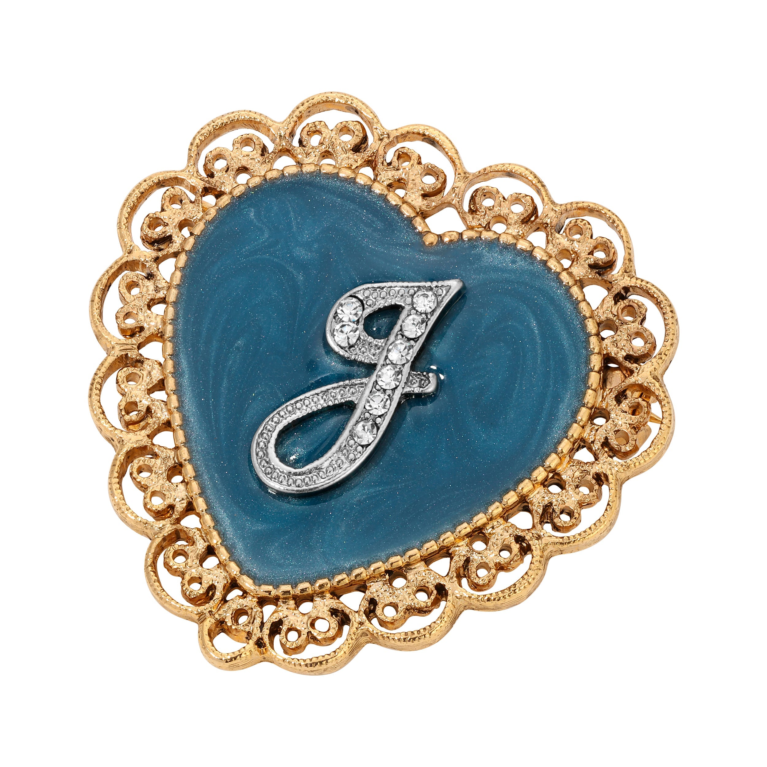 Initial & Blue Heart Stone Gold Filigree Pin - Letter "J"