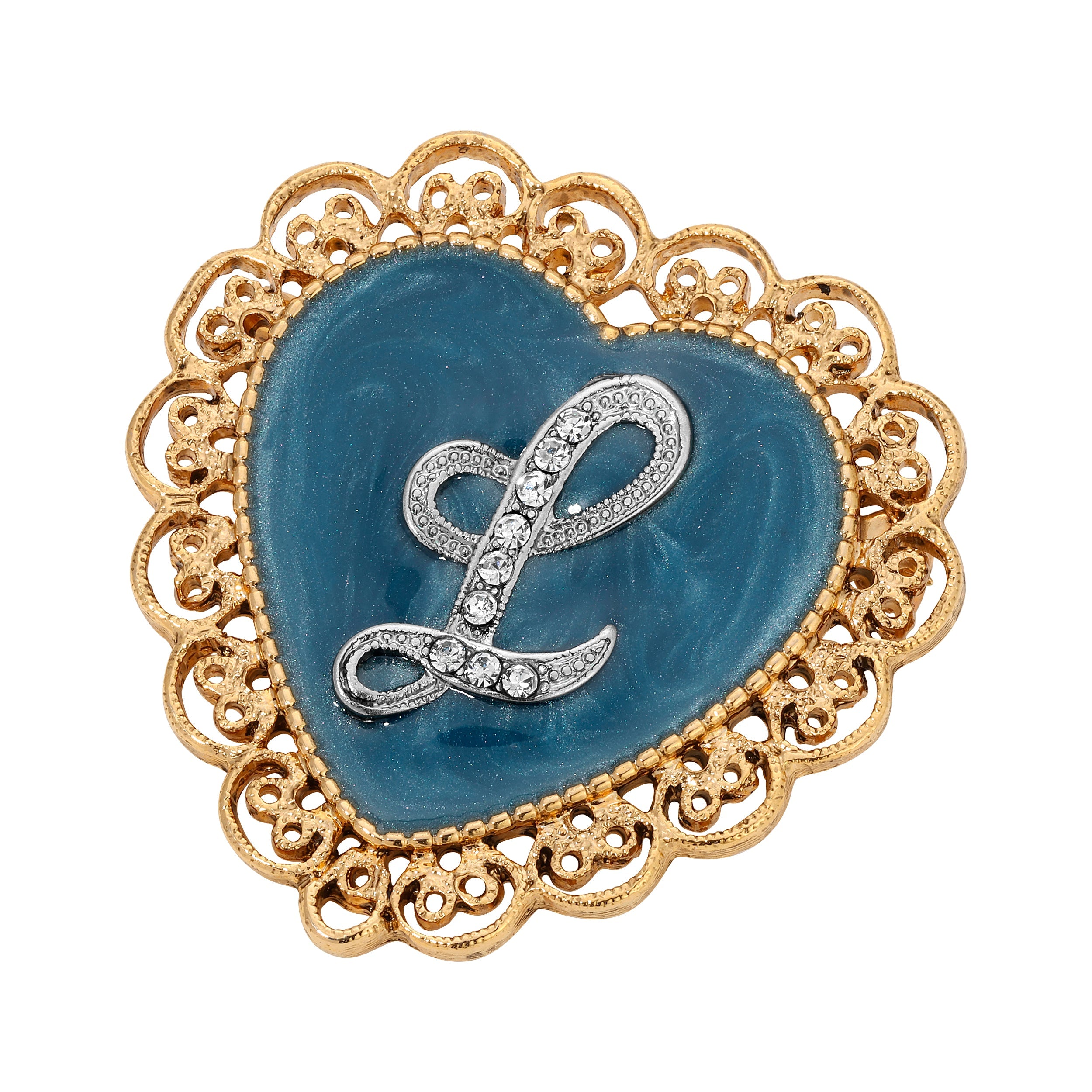 Initial & Blue Heart Stone Gold Filigree Pin - Letter "L"