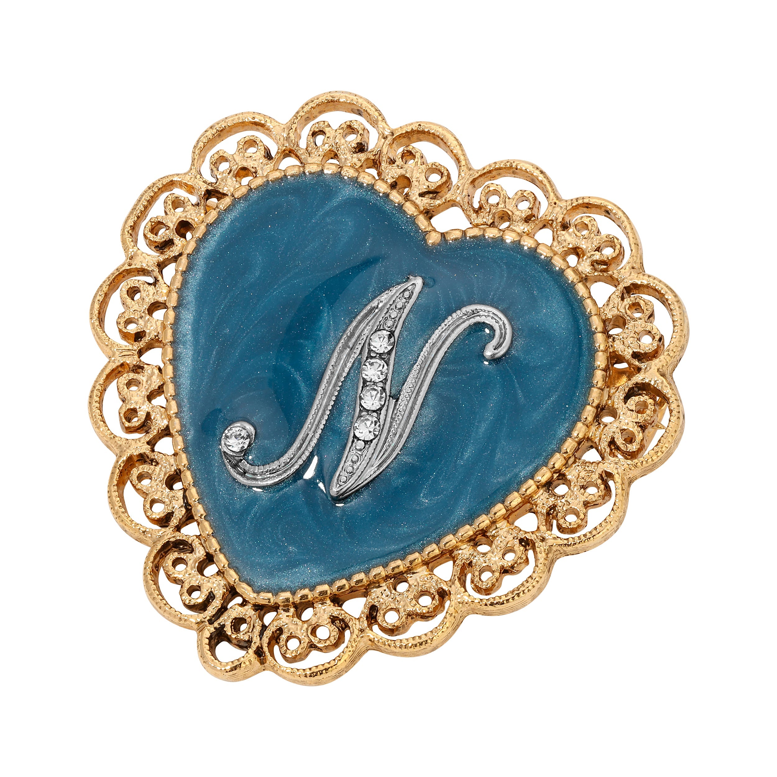 Initial & Blue Heart Stone Gold Filigree Pin - Letter "N"