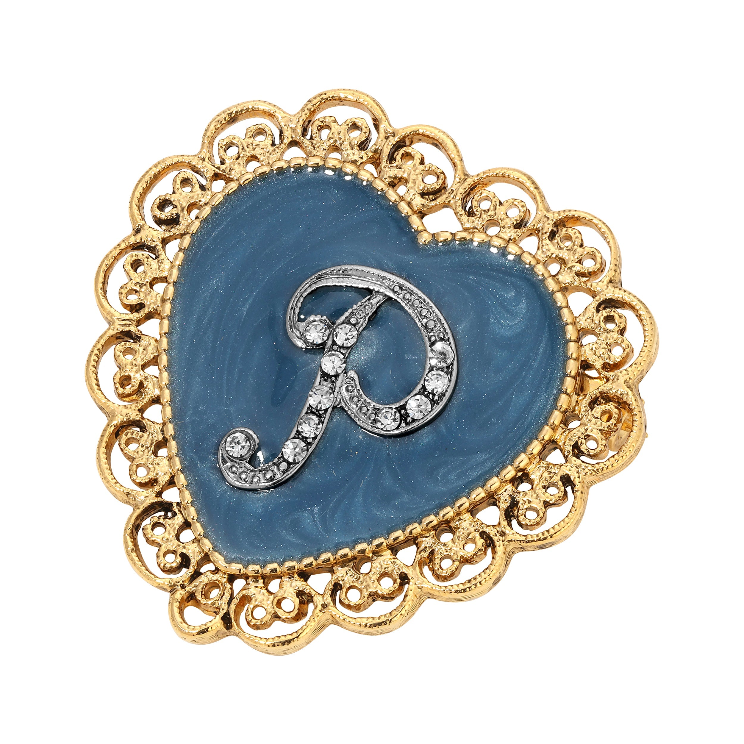 Initial & Blue Heart Stone Gold Filigree Pin - Letter "P"