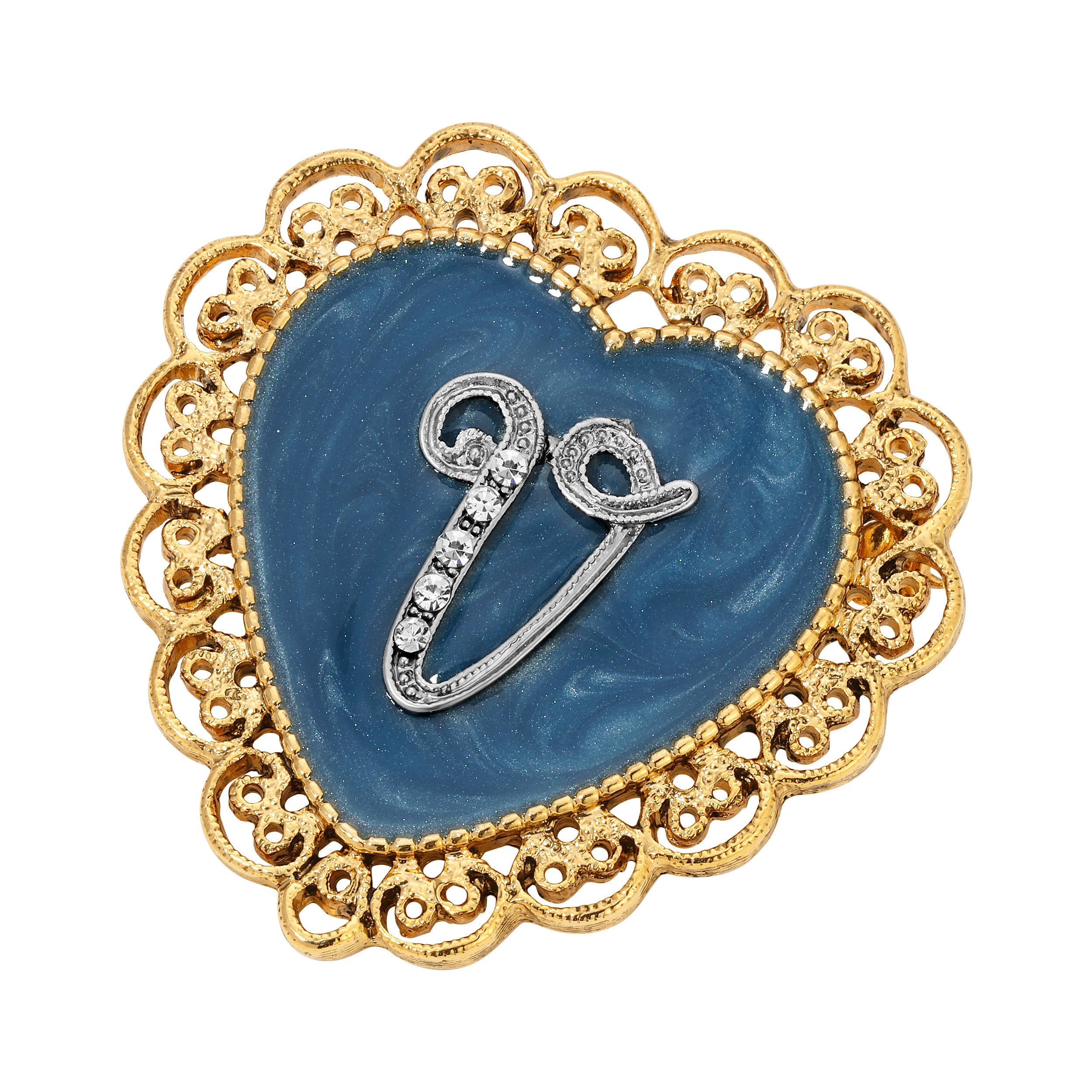 Initial & Blue Heart Stone Gold Filigree Pin - Letter "V"