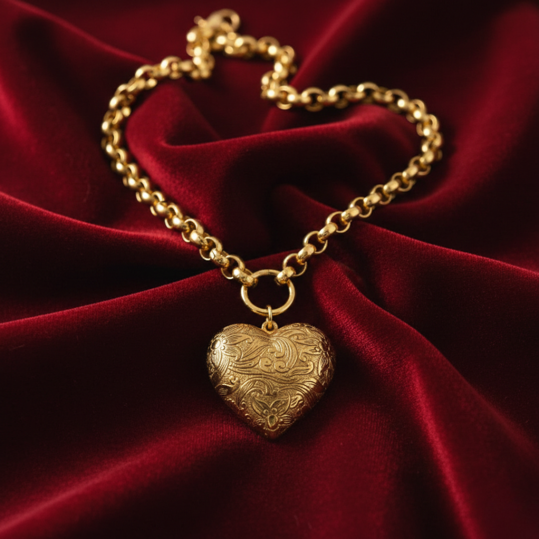 Gold heart-shaped locket on a gold chain against a red fabric background