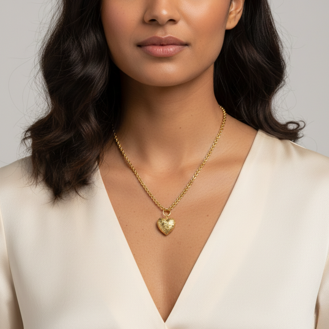 Woman wearing a gold necklace with a heart pendant against a neutral background