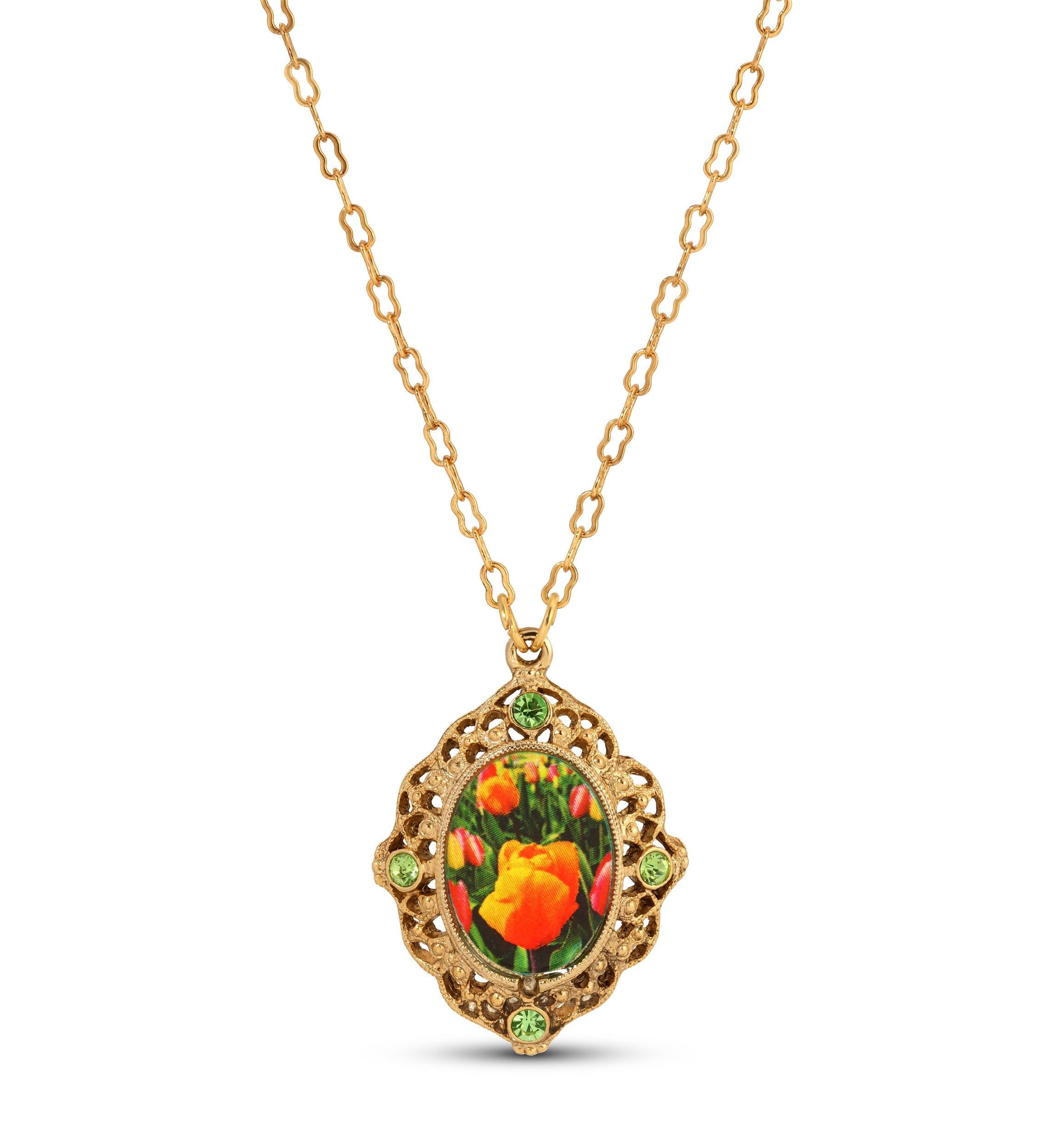 1928 Jewelry Blooming Peach Tulips & Peridot Crystals Pendant Necklace 18"
