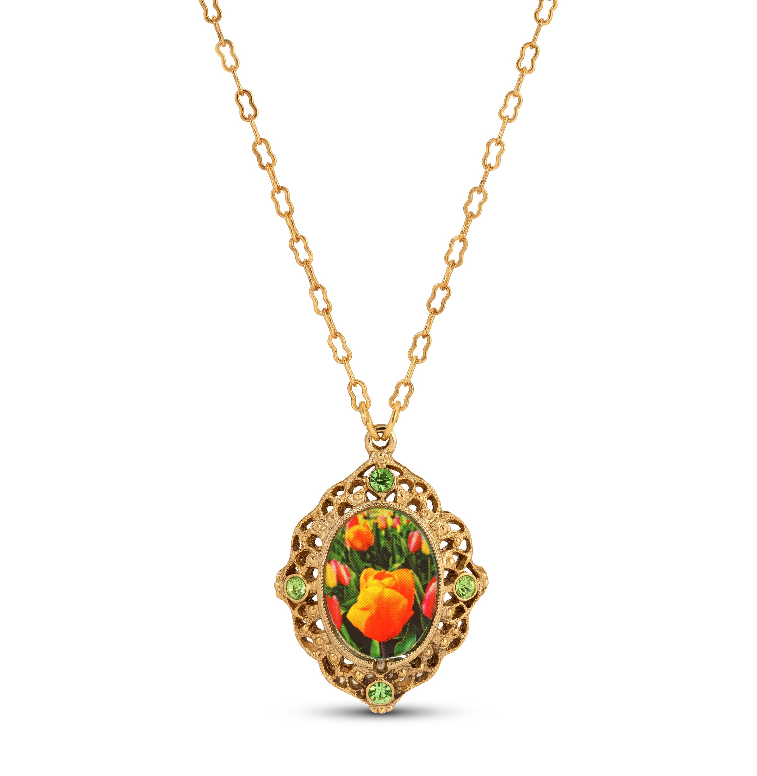 1928 Jewelry Blooming Peach Tulips & Peridot Crystals Pendant Necklace 18"
