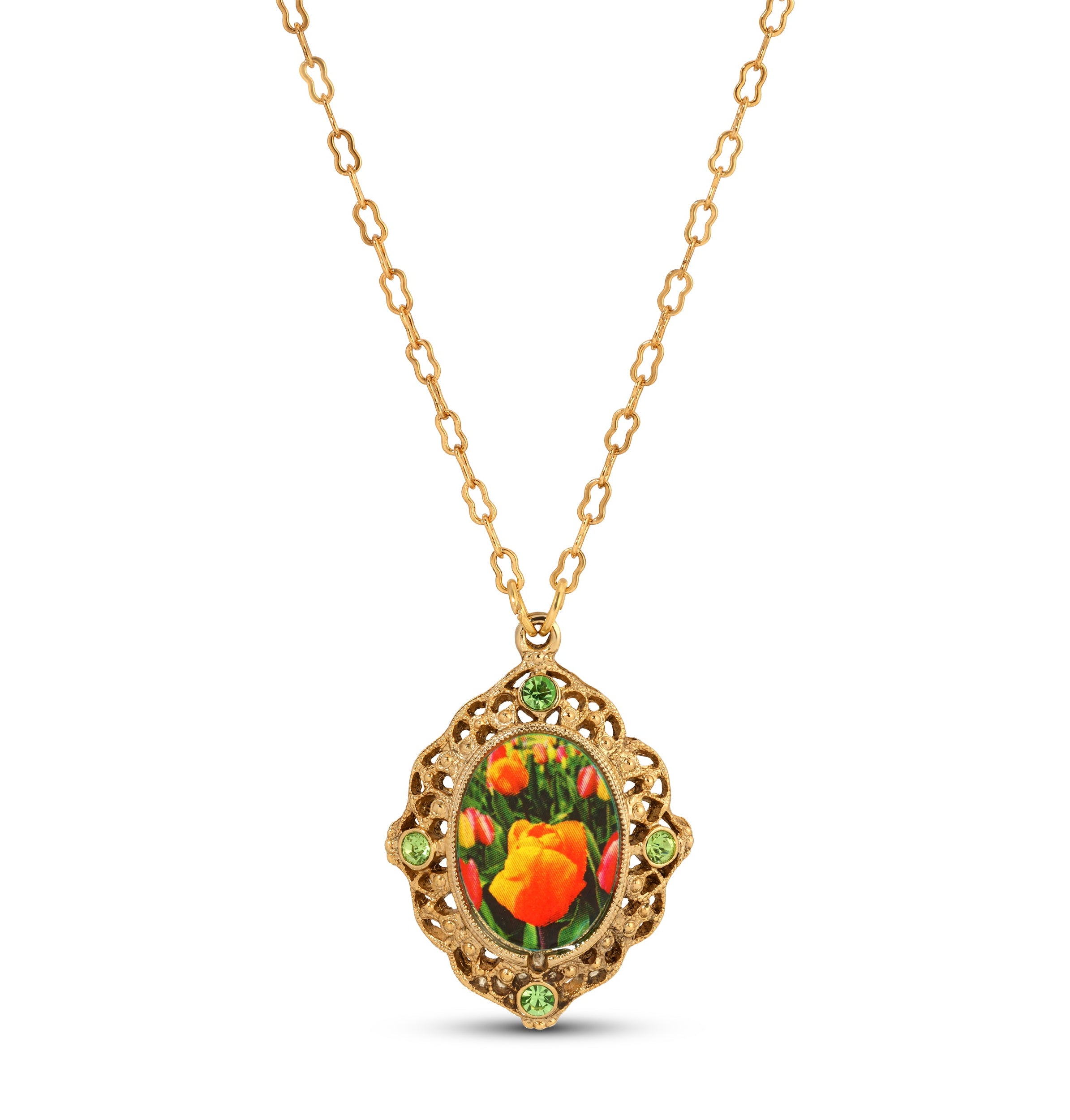 1928 Jewelry Blooming Peach Tulips & Peridot Crystals Pendant Necklace 18"