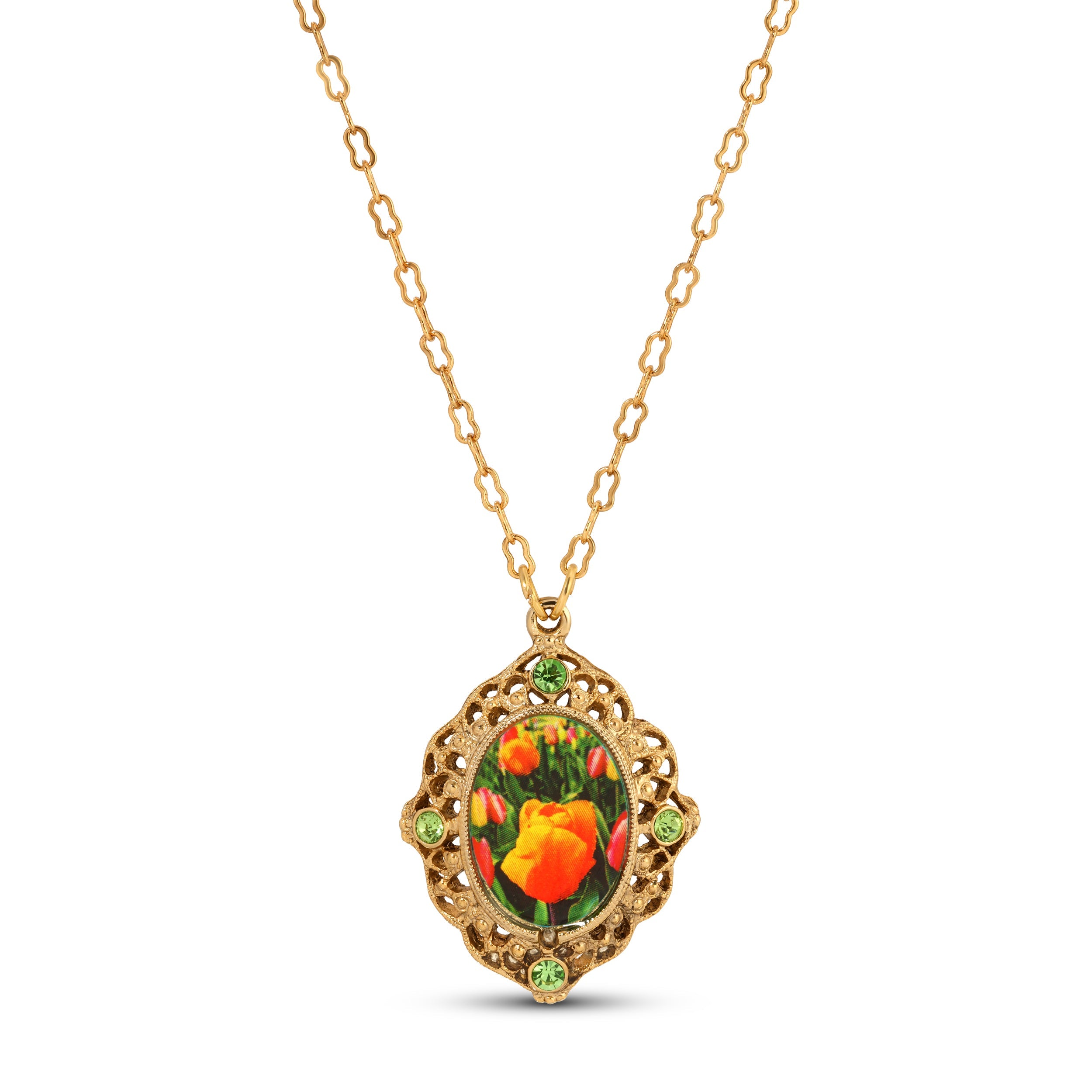 1928 Jewelry Blooming Peach Tulips & Peridot Crystals Pendant Necklace 18"