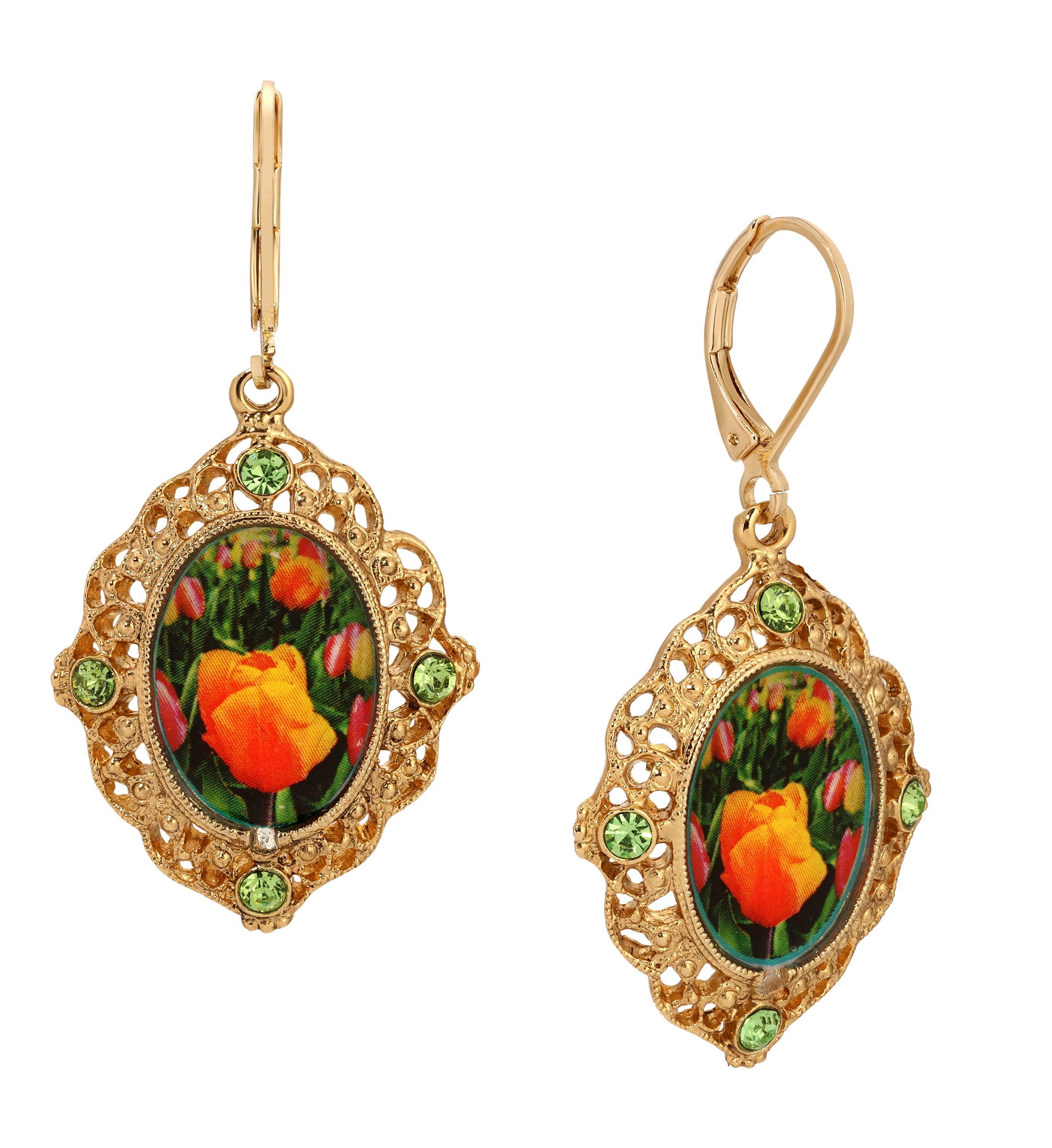 1928 Jewelry Blooming Orange Tulips & Peridot Crystals Drop Earrings