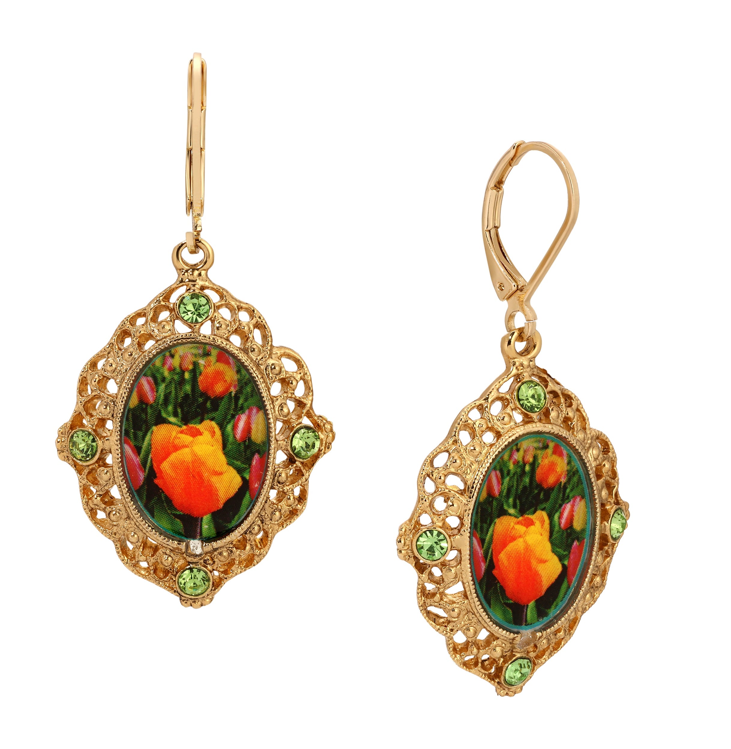 1928 Jewelry Blooming Orange Tulips & Peridot Crystals Drop Earrings