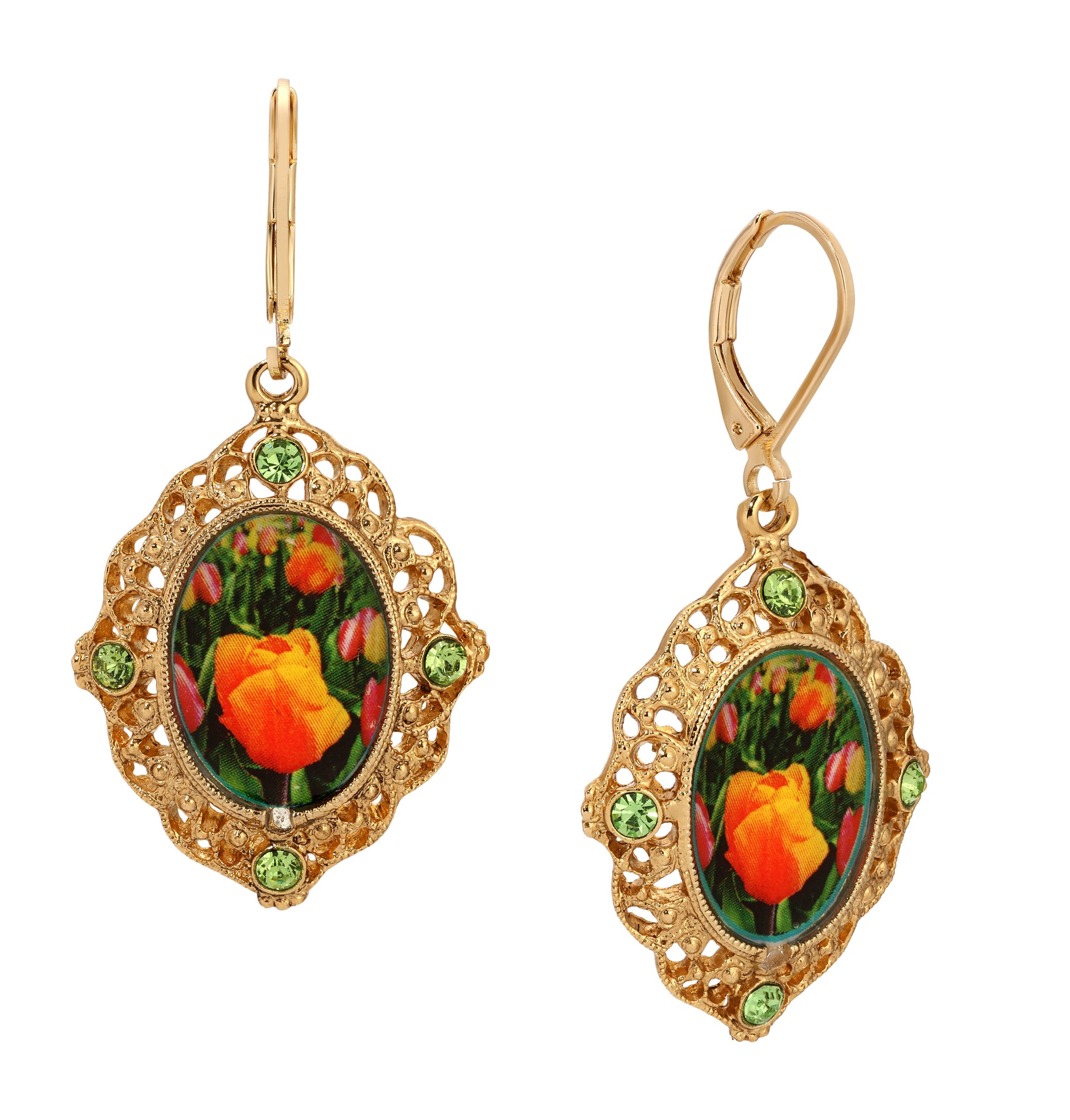 1928 Jewelry Blooming Orange Tulips & Peridot Crystals Drop Earrings