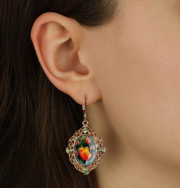 1928 Jewelry Blooming Orange Tulips & Peridot Crystals Drop Earrings