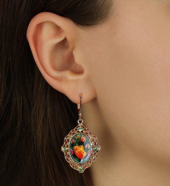 1928 Jewelry Blooming Orange Tulips & Peridot Crystals Drop Earrings