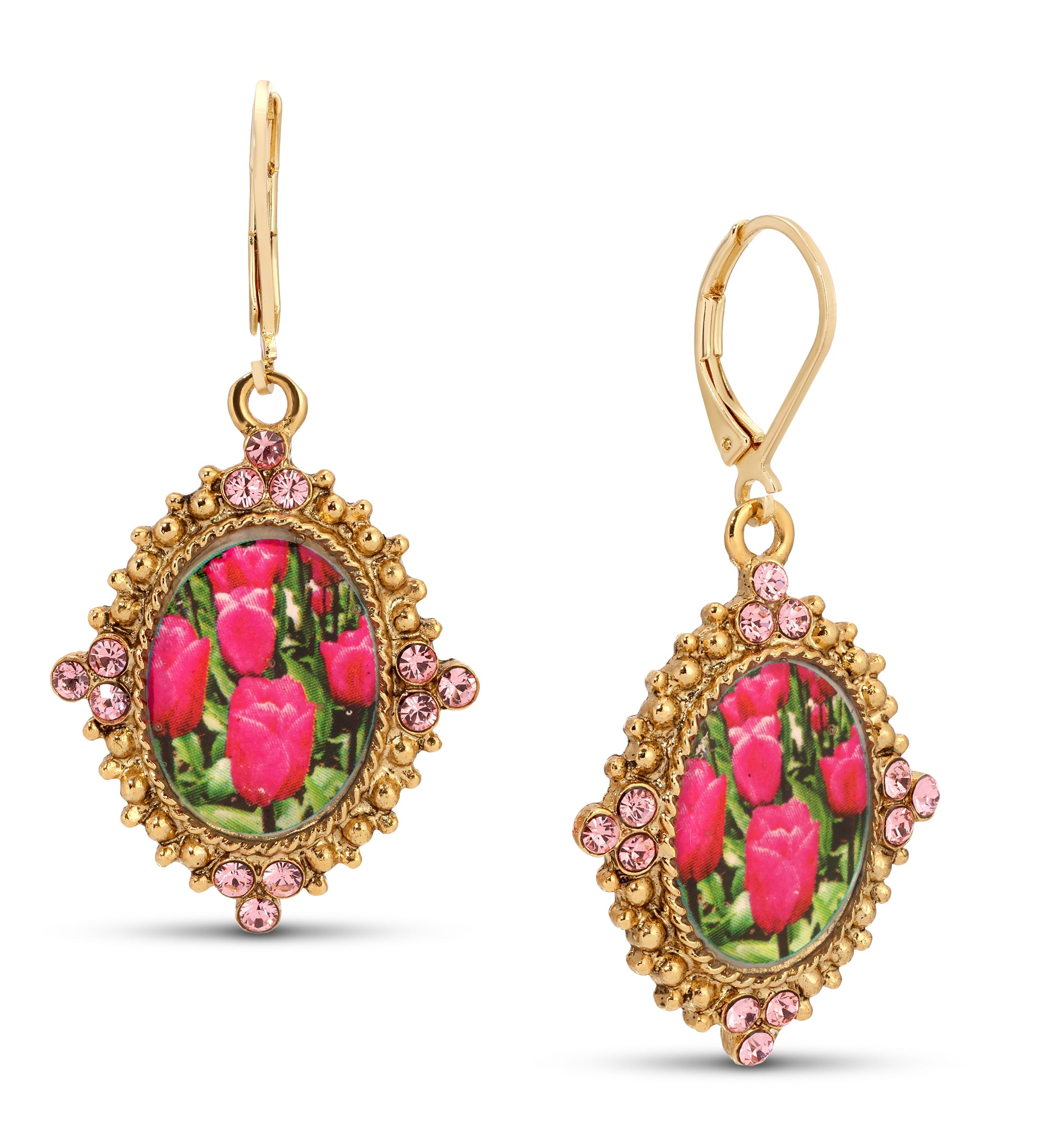 1928 Jewelry Blooming Pink Tulips & Crystals Drop Earrings