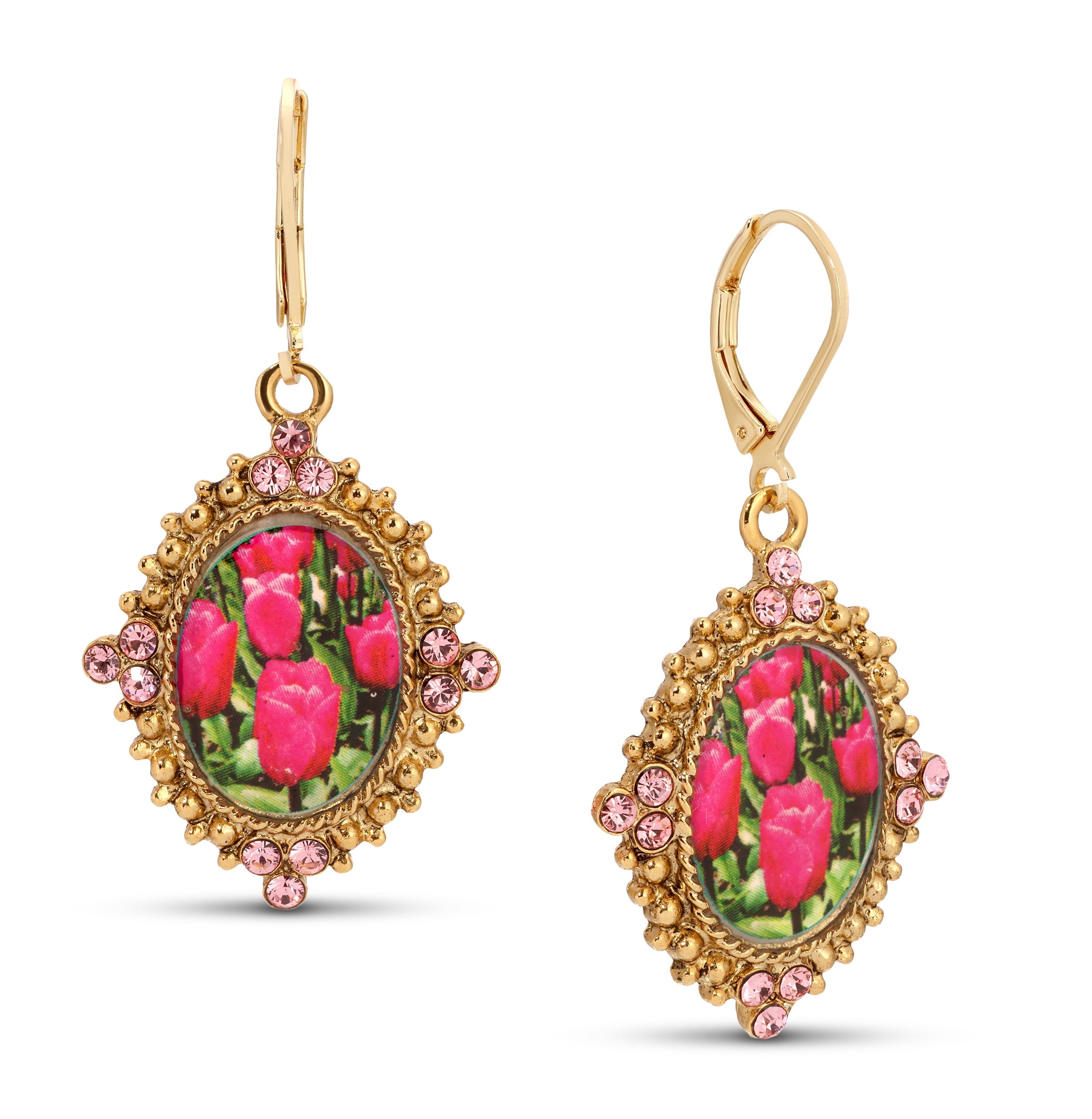 1928 Jewelry Blooming Pink Tulips & Crystals Drop Earrings