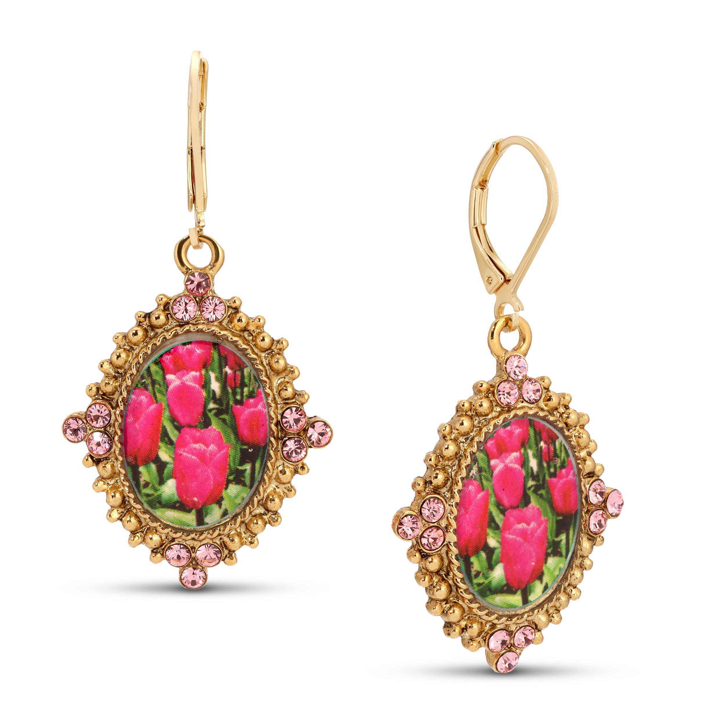 1928 Jewelry Blooming Pink Tulips & Crystals Drop Earrings