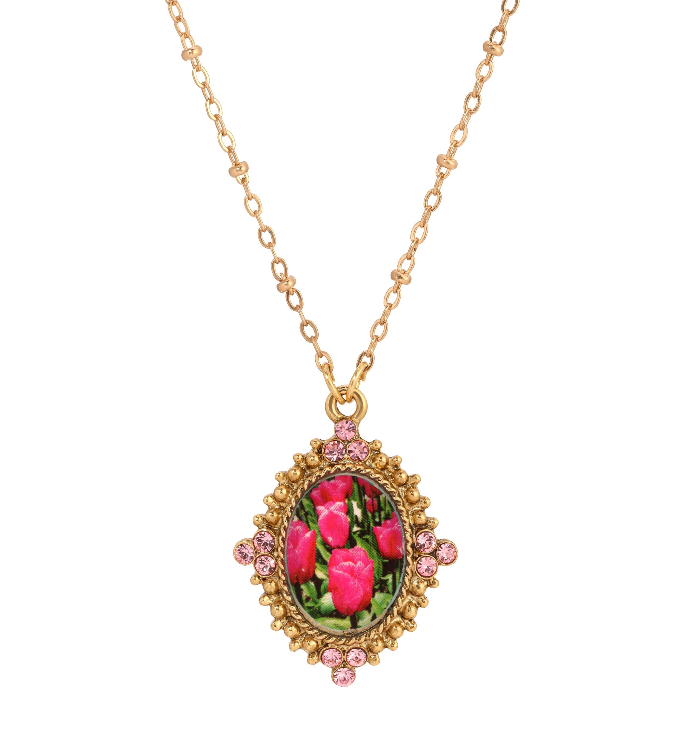 1928 Jewelry Blooming Pink Tulips & Pink Crystals Pendant Necklace 18"