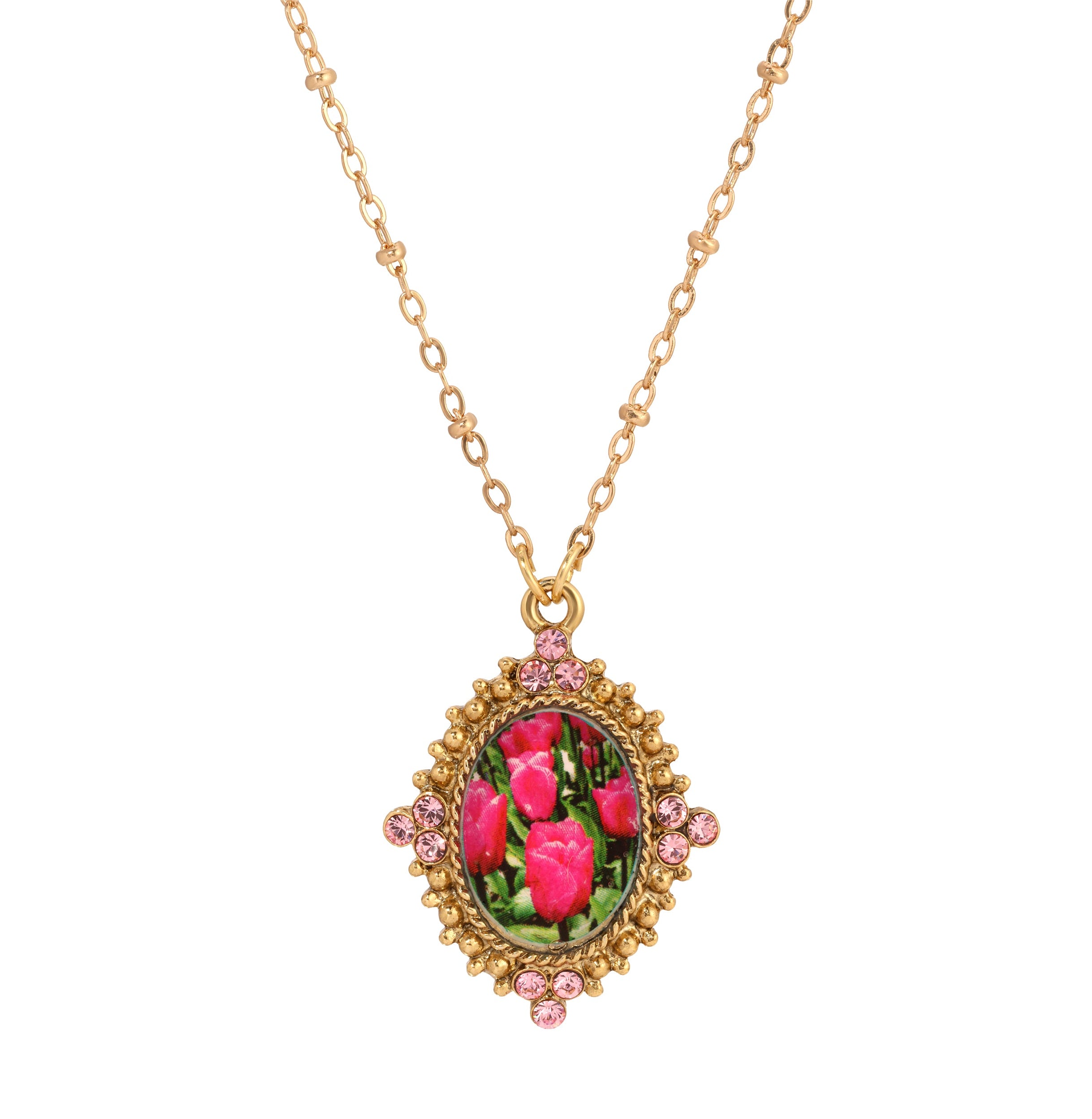 1928 Jewelry Blooming Pink Tulips & Pink Crystals Pendant Necklace 18"