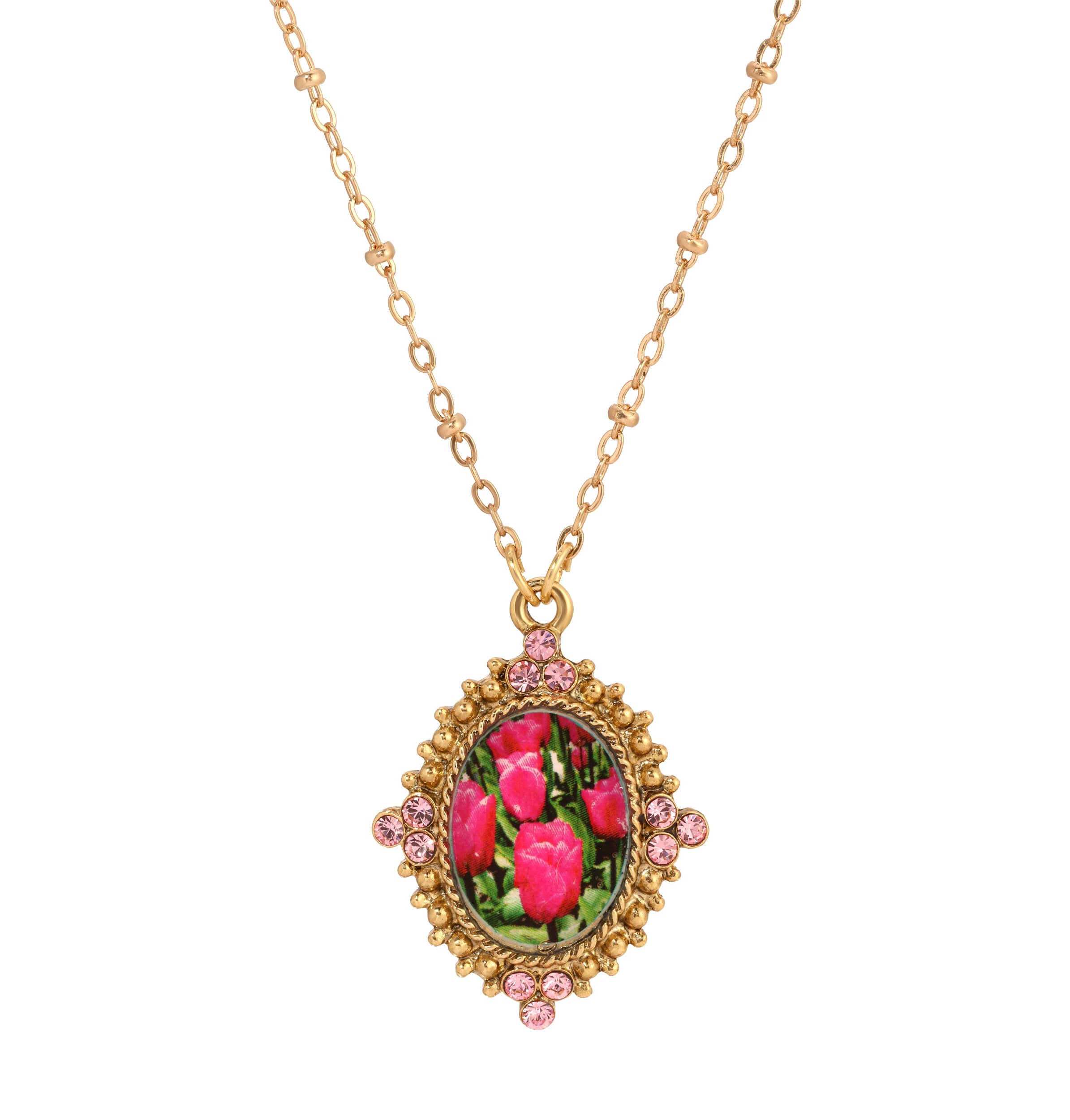 1928 Jewelry Blooming Pink Tulips & Pink Crystals Pendant Necklace 18"