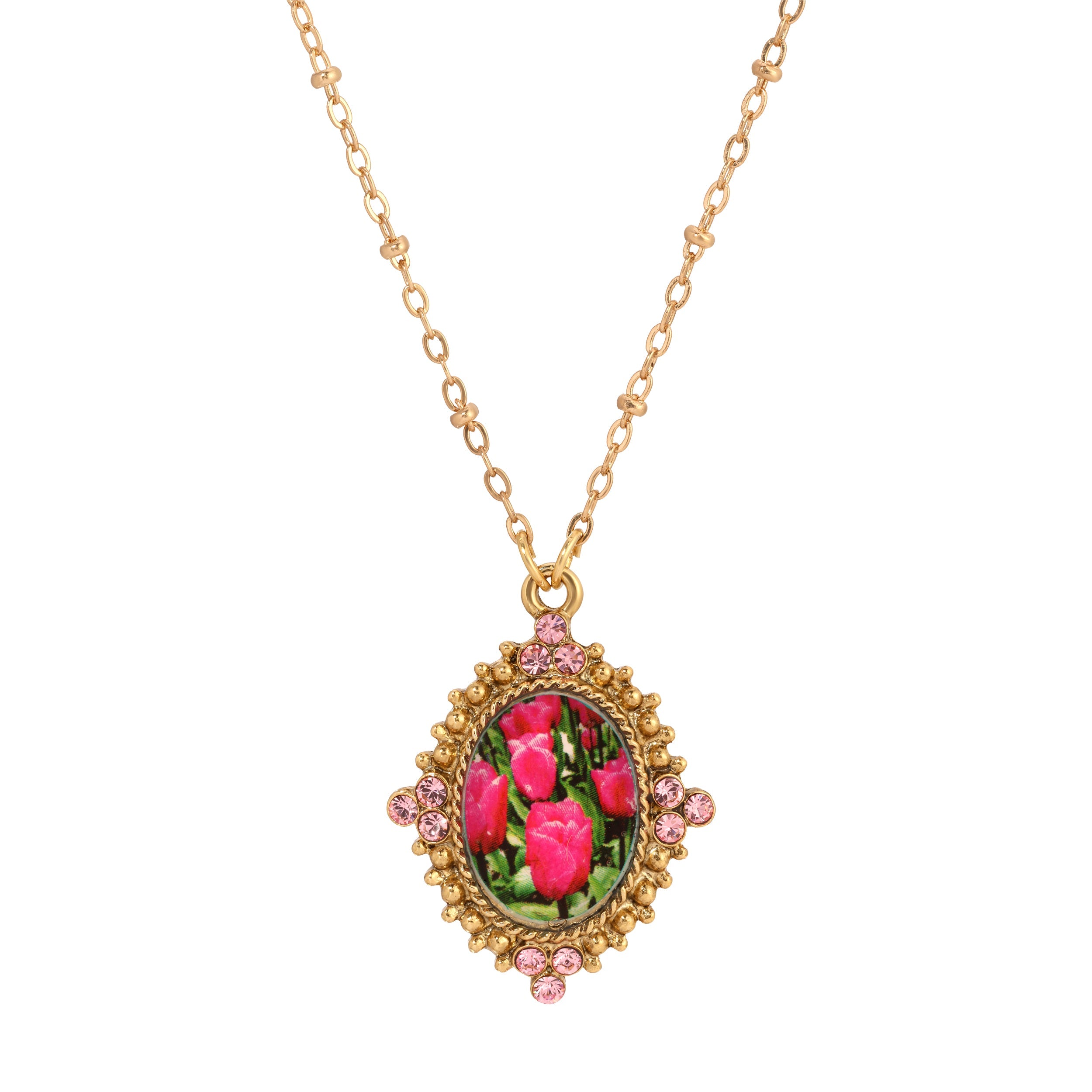 1928 Jewelry Blooming Pink Tulips & Pink Crystals Pendant Necklace 18"