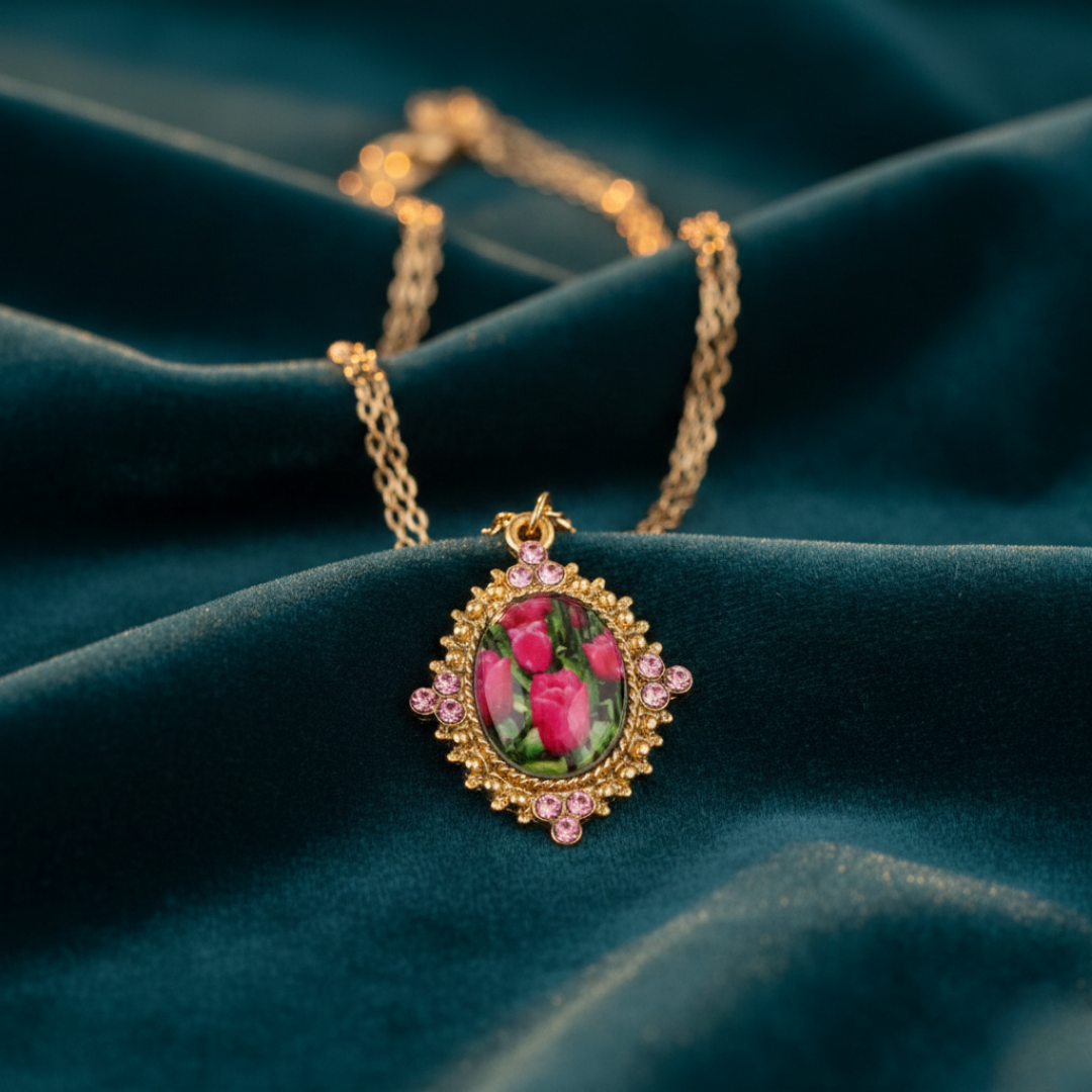 Gold necklace with a floral pendant on a dark blue fabric background