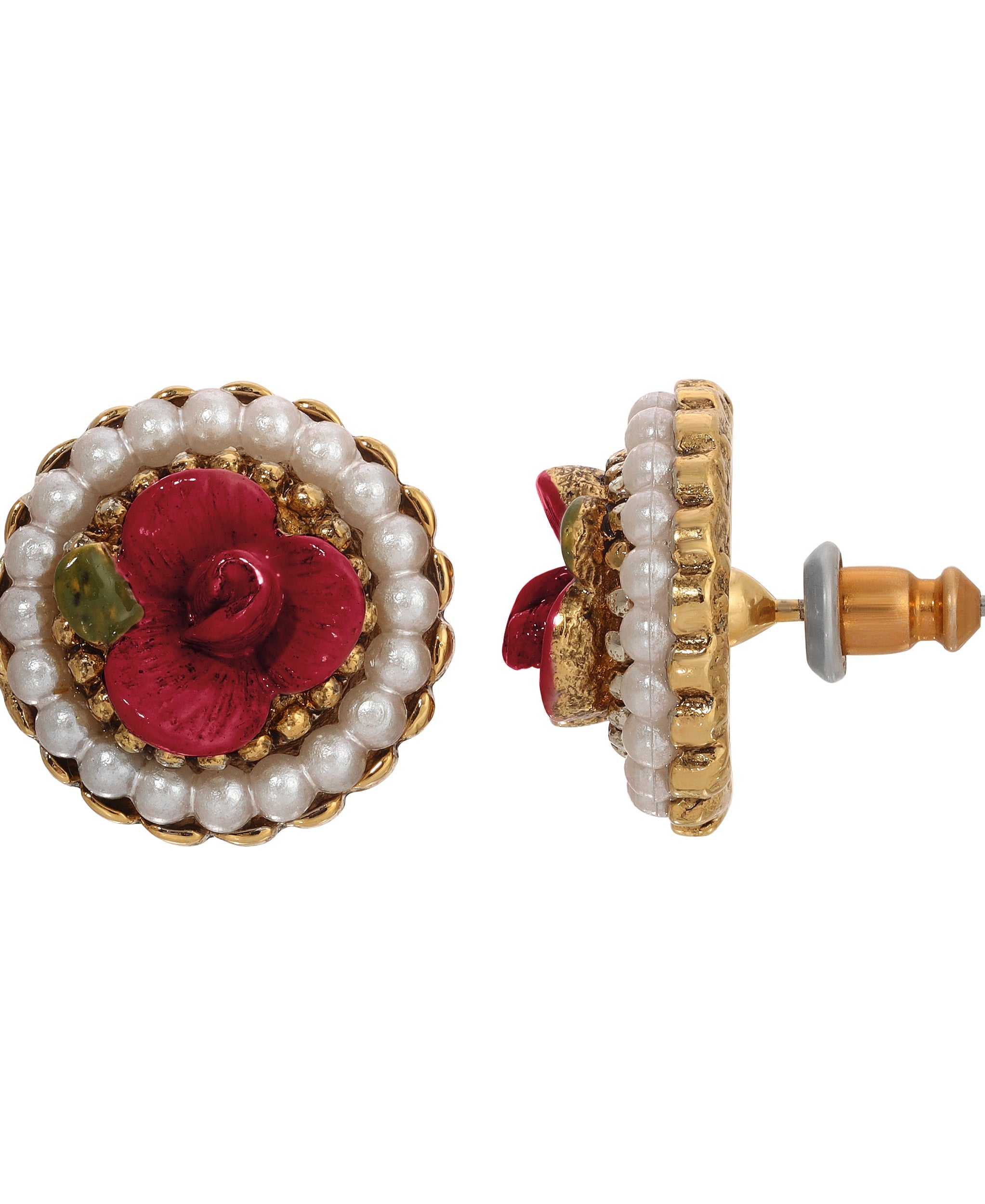 1928 Jewelry Pearly Eden Rose Enamel Faux Pearl Stud Earrings