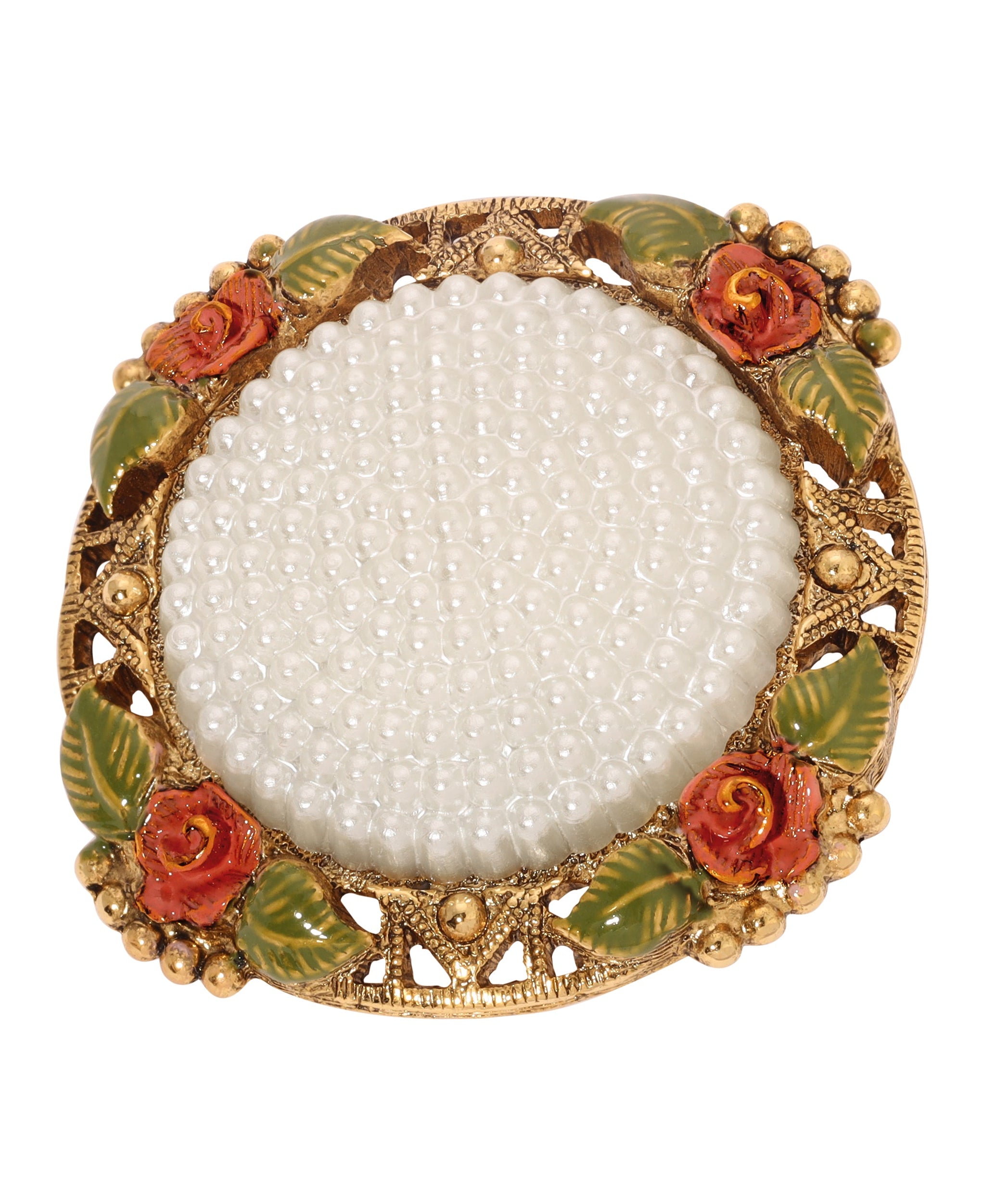 1928 Jewelry Pearly Eden Rose Enamel Faux Pearl Brooch