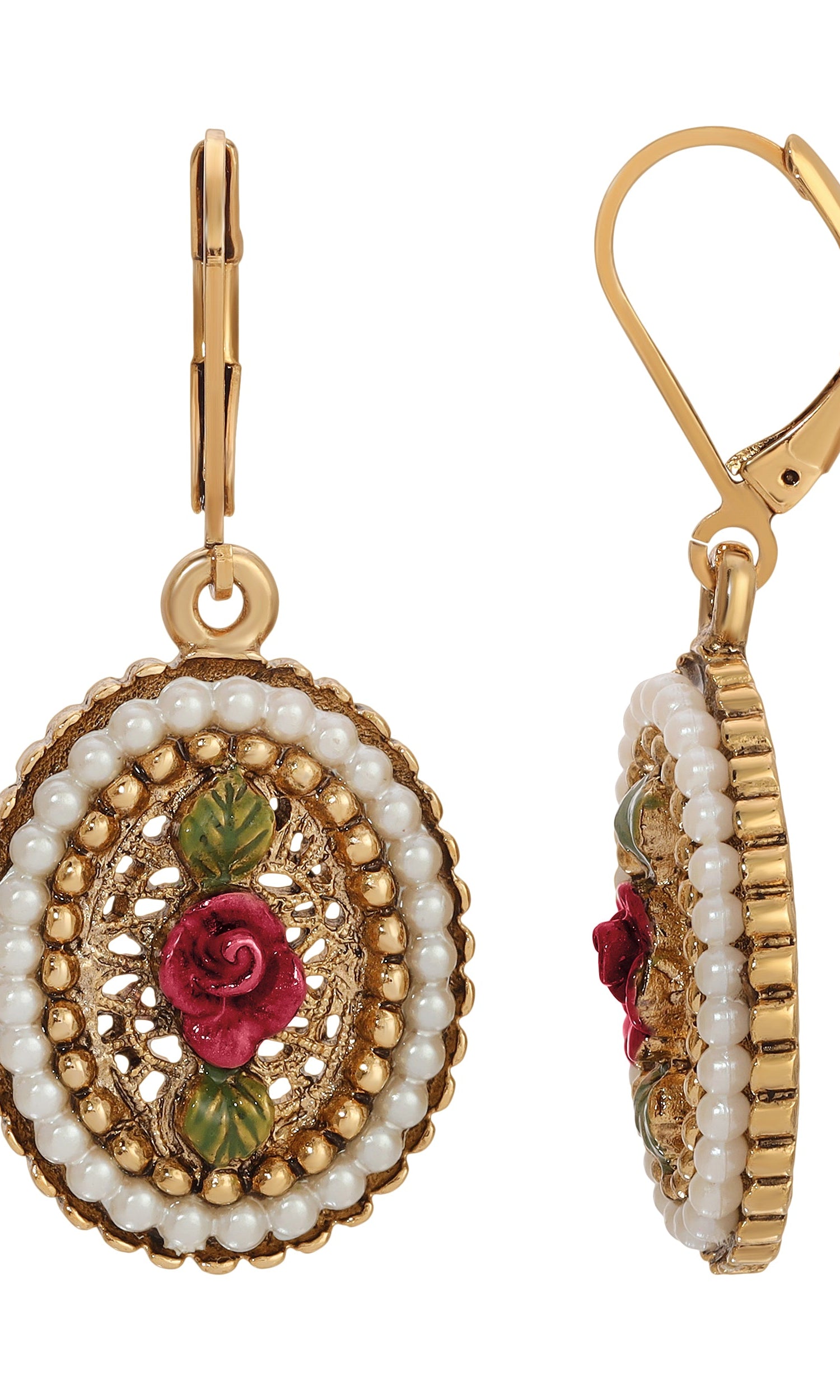 1928 Jewelry Pearly Eden Rose Enamel Faux Pearl Ring Drop Earrings