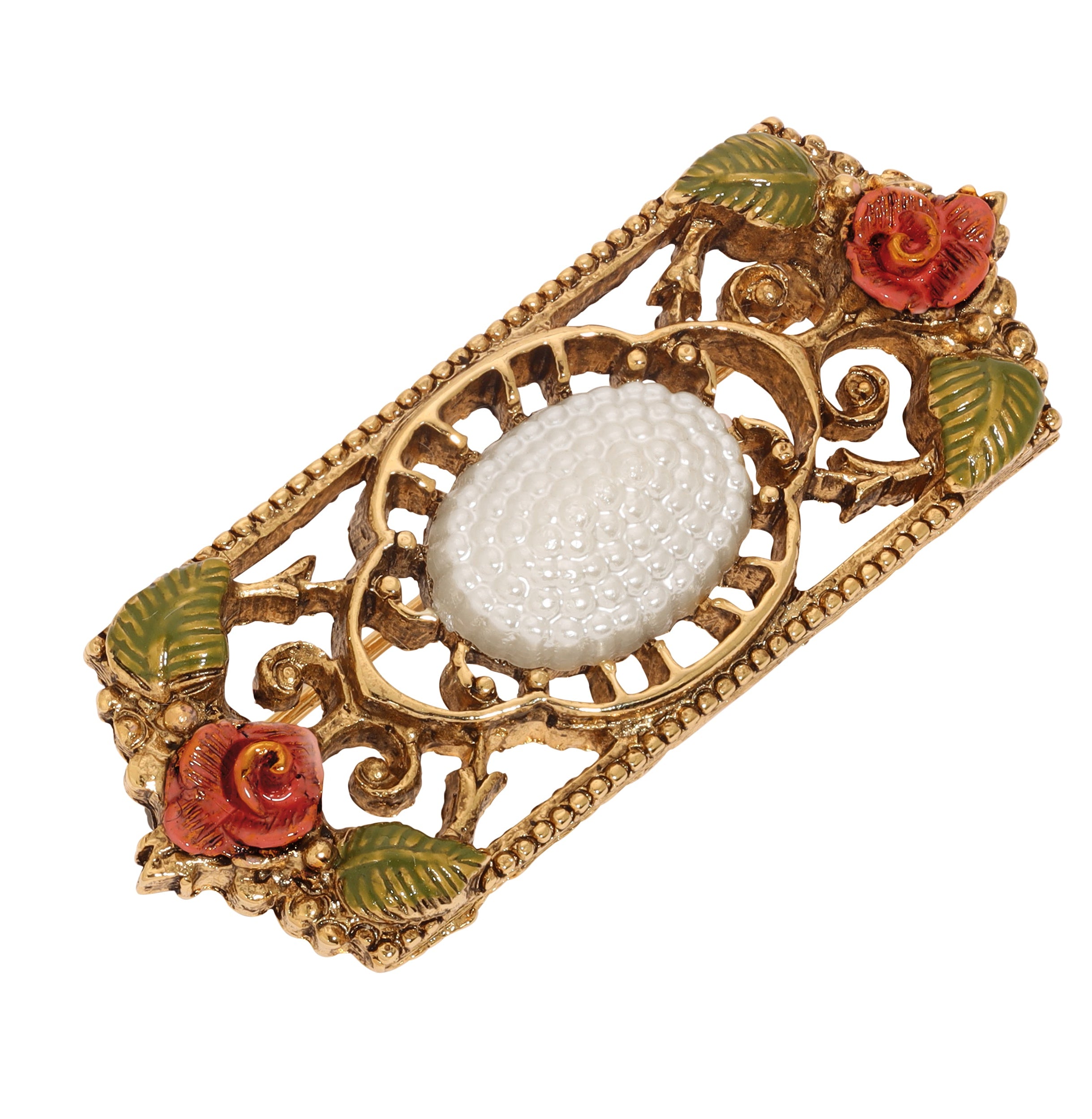 1928 Jewelry Pearly Eden Rose Enamel Faux Pearl Filigree Brooch