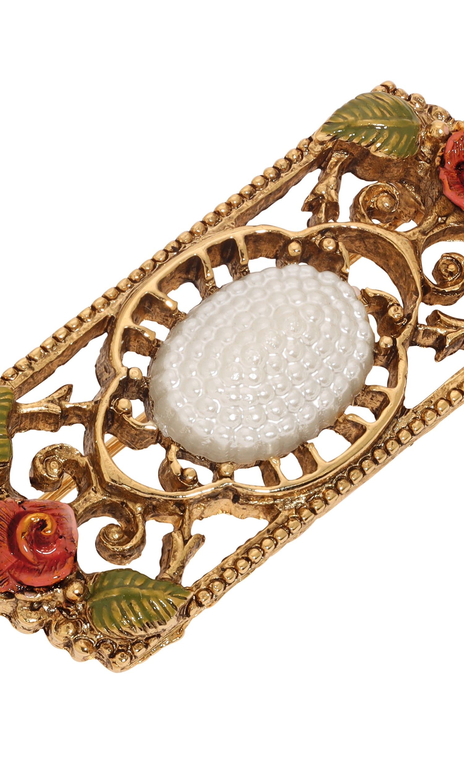 1928 Jewelry Pearly Eden Rose Enamel Faux Pearl Filigree Brooch