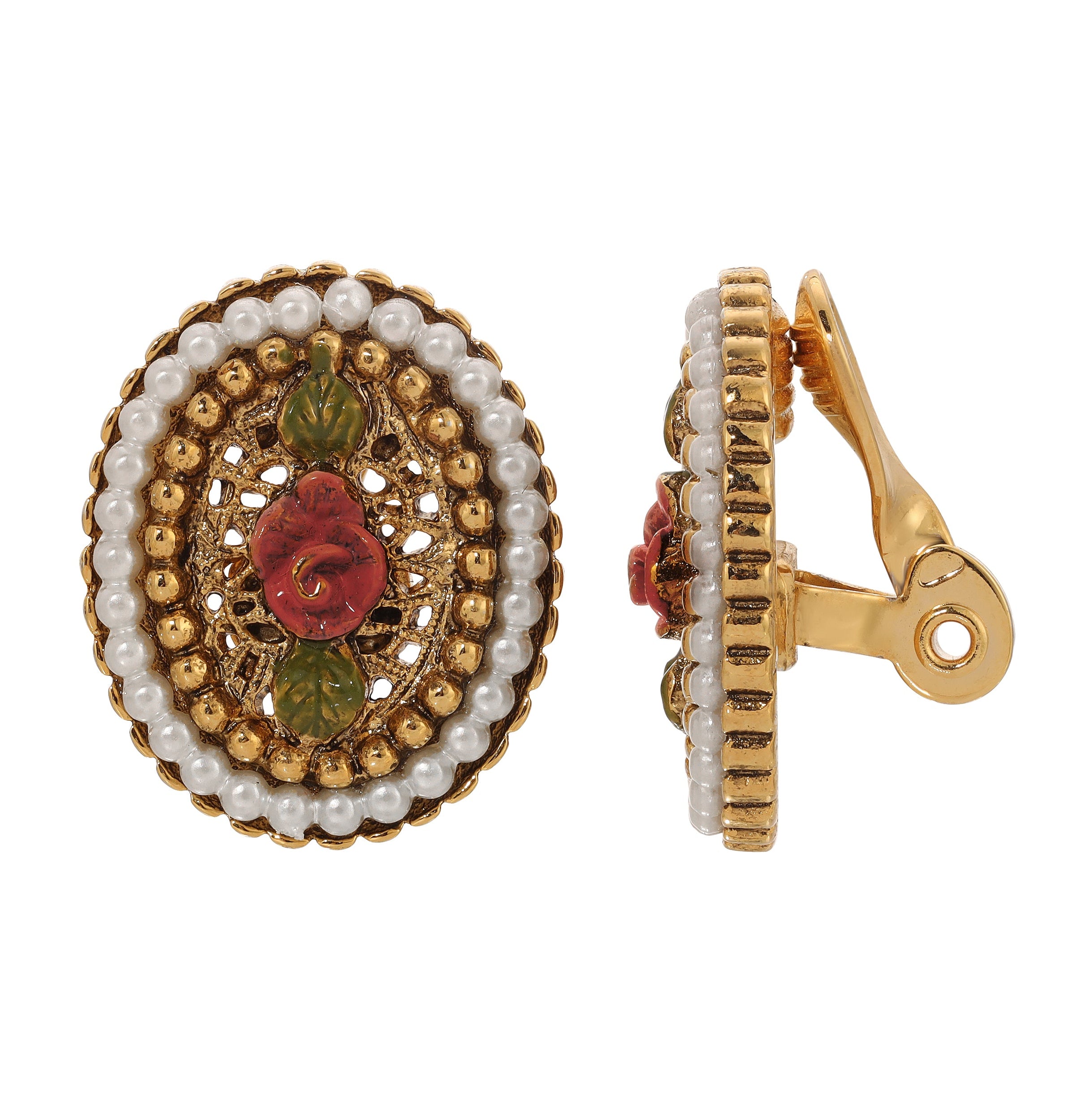1928 Jewelry Pearly Eden Rose Enamel Faux Pearl Ring Clip On Earrings