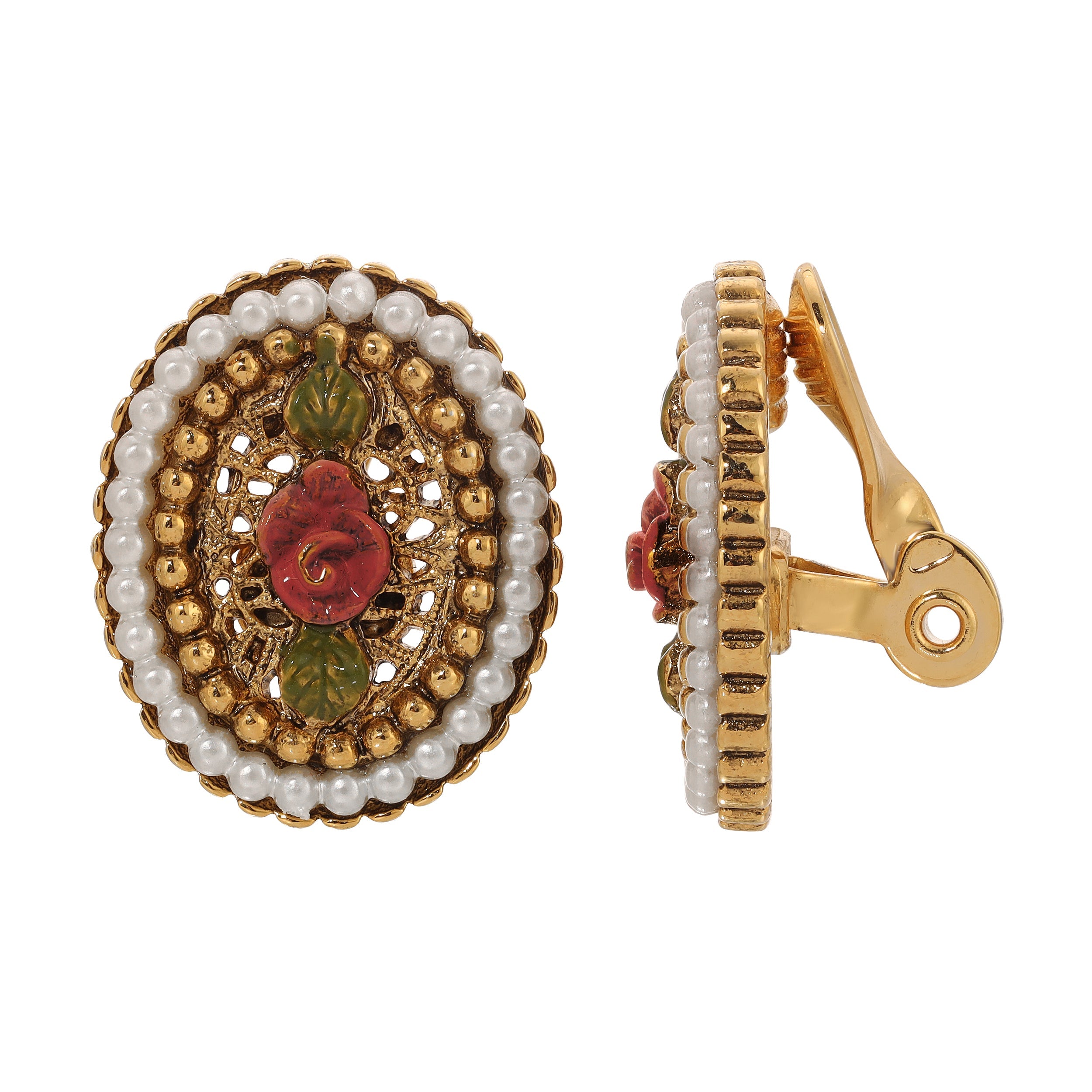 1928 Jewelry Pearly Eden Rose Enamel Faux Pearl Ring Clip On Earrings