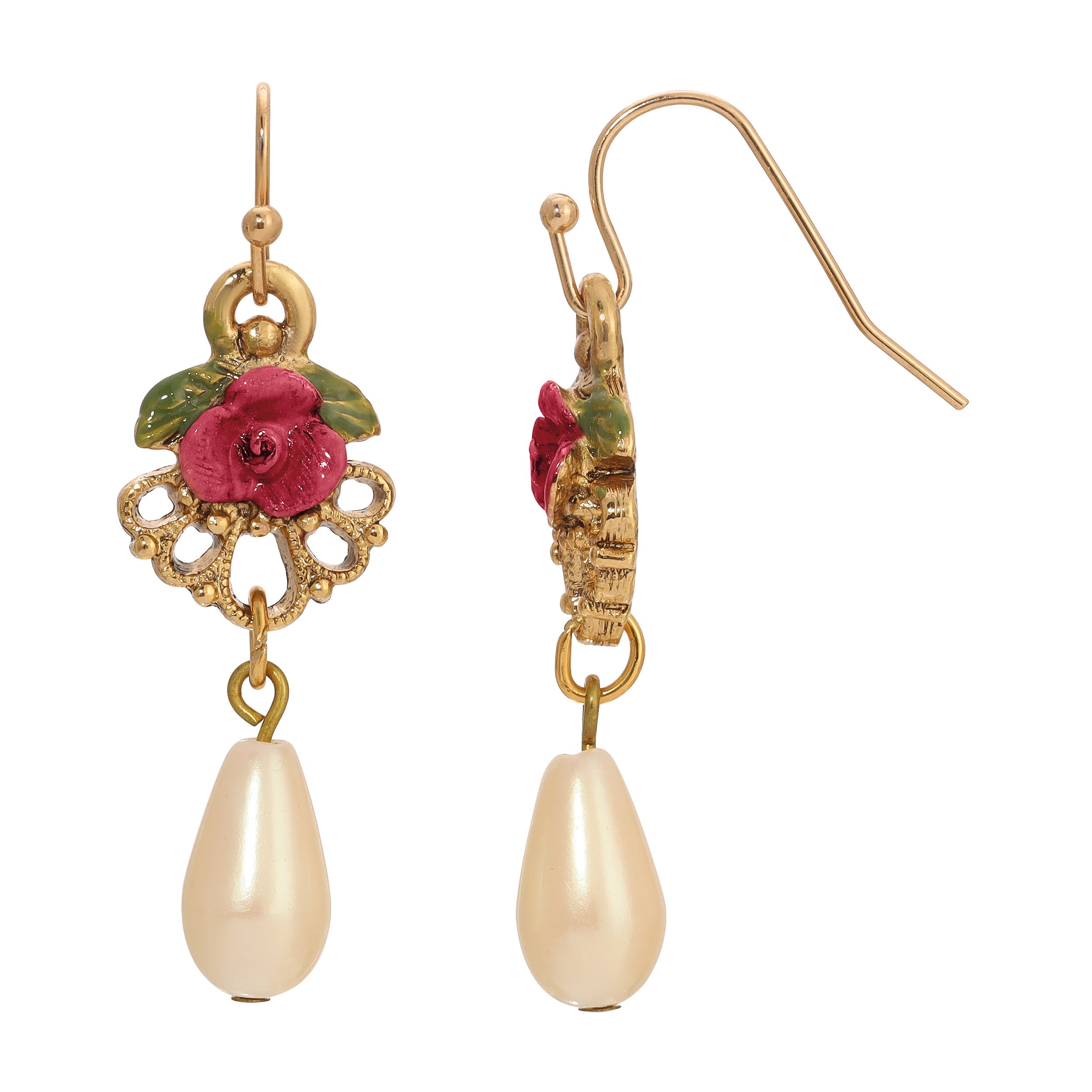 1928 Jewelry Pearly Eden Rose Enamel Teardrop Faux Pearl Dangle Earrings