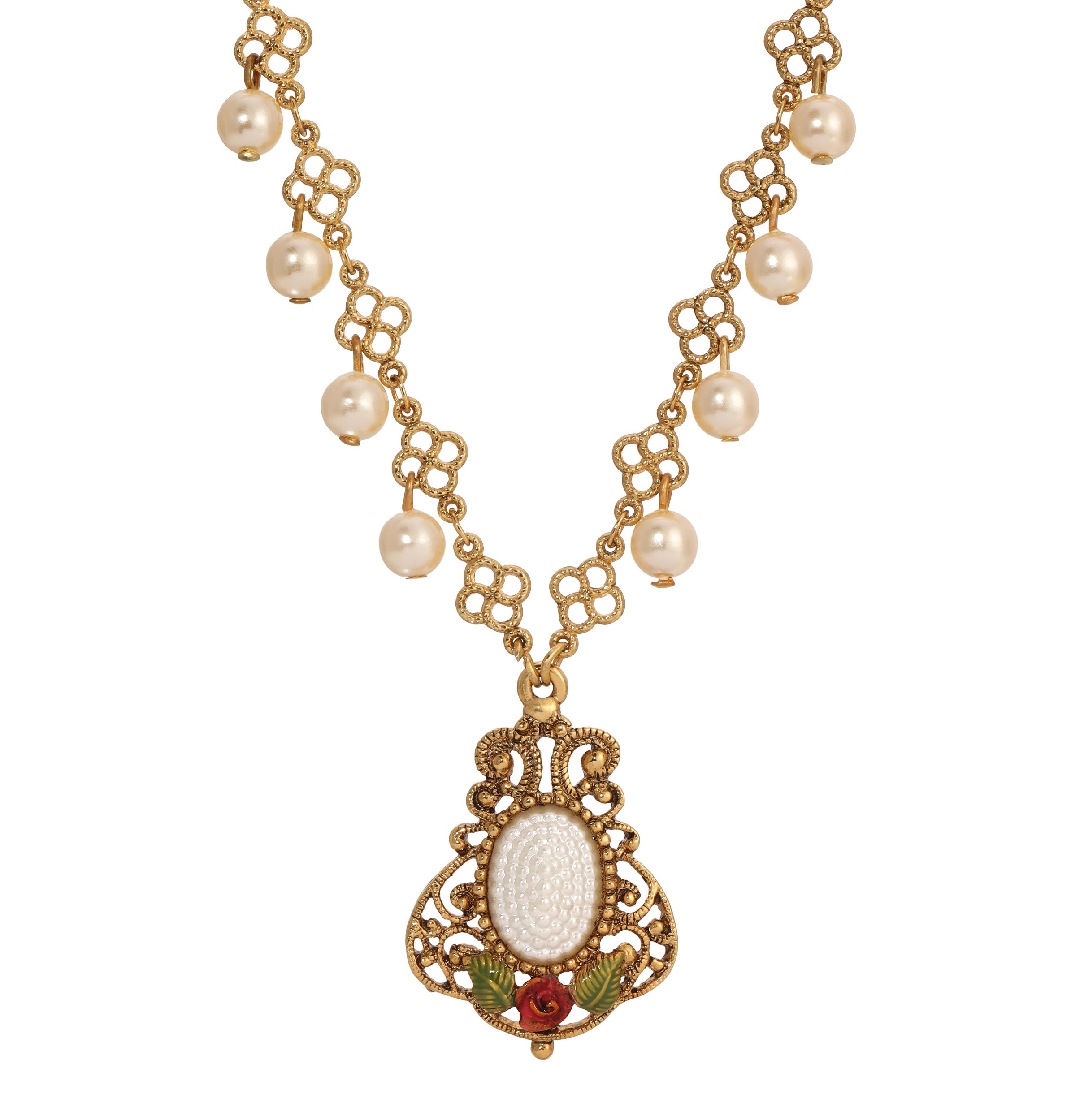 1928 Jewelry Pearly Eden Rose Enamel Filigree Pendant Necklace 16" + 3" Extender