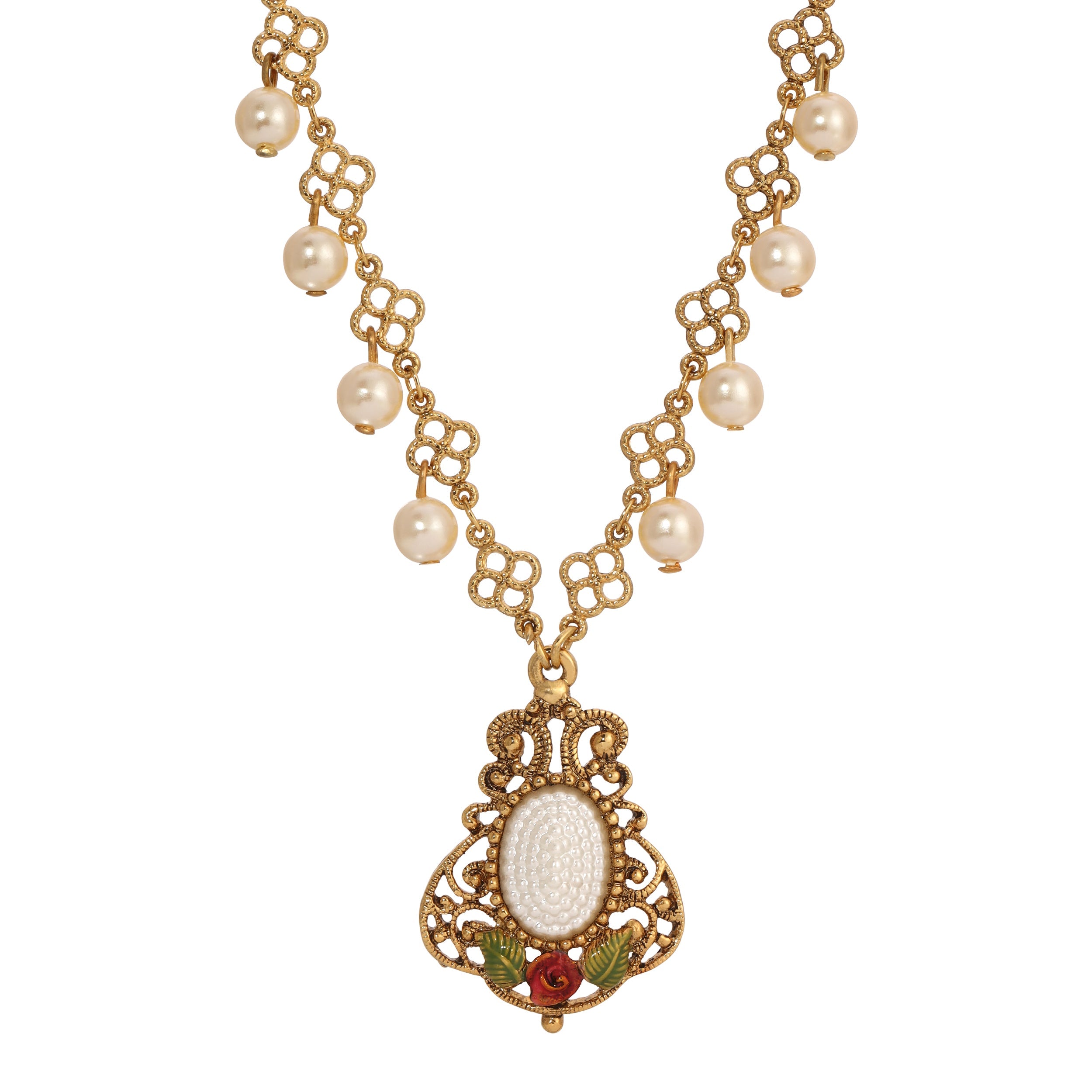 1928 Jewelry Pearly Eden Rose Enamel Filigree Pendant Necklace 16" + 3" Extender