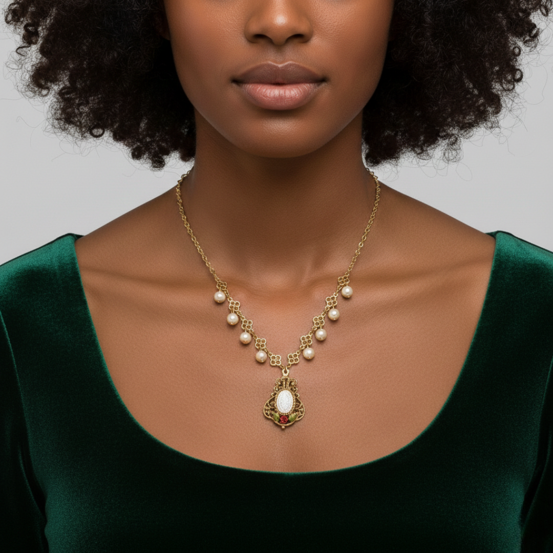 Woman wearing a gold necklace with faux pearls and a gemstone with a rose against a neutral background