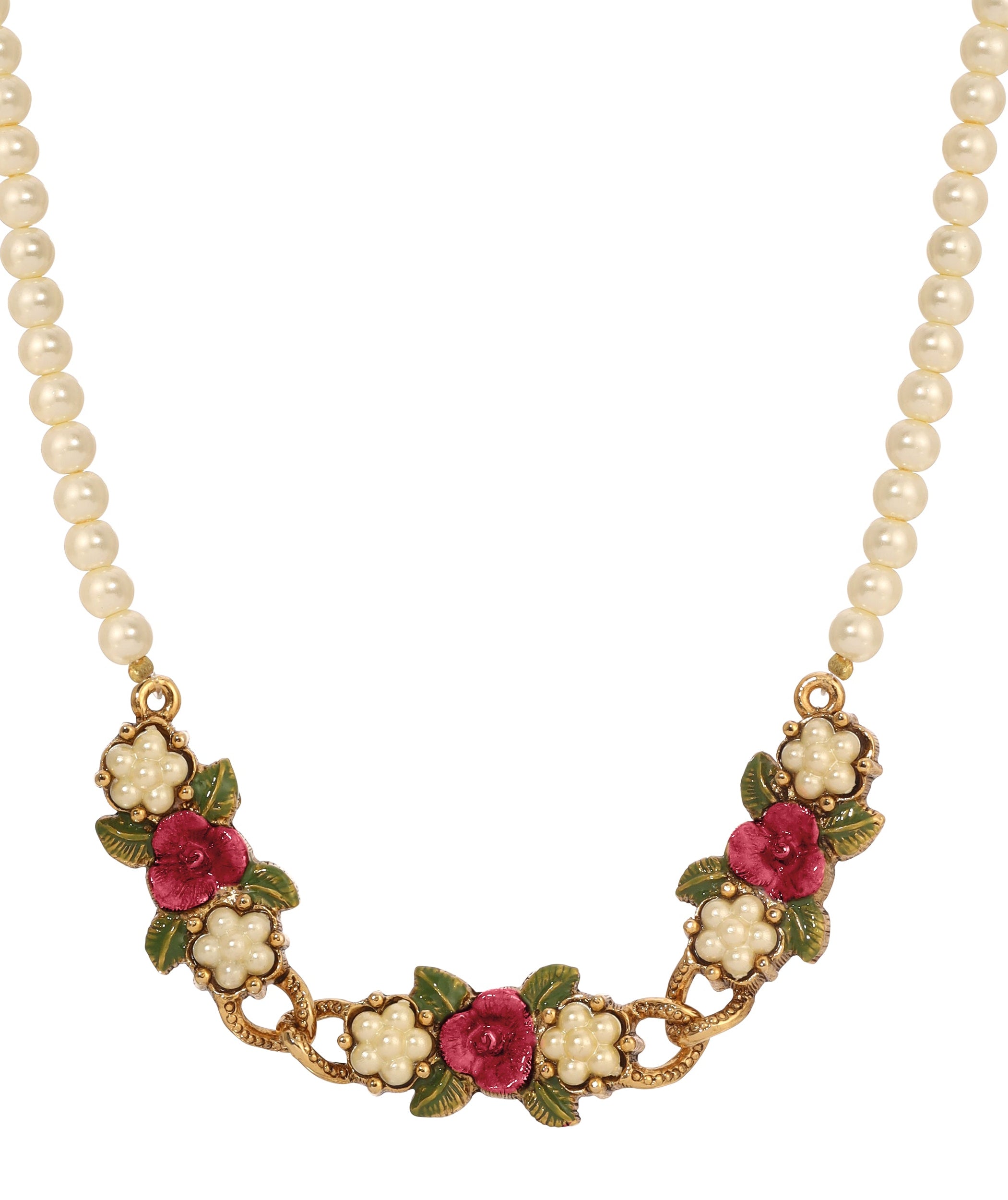 1928 Jewelry Pearly Eden Rose Enamel Faux Pearl Strand Necklace 17" + 3" Extender