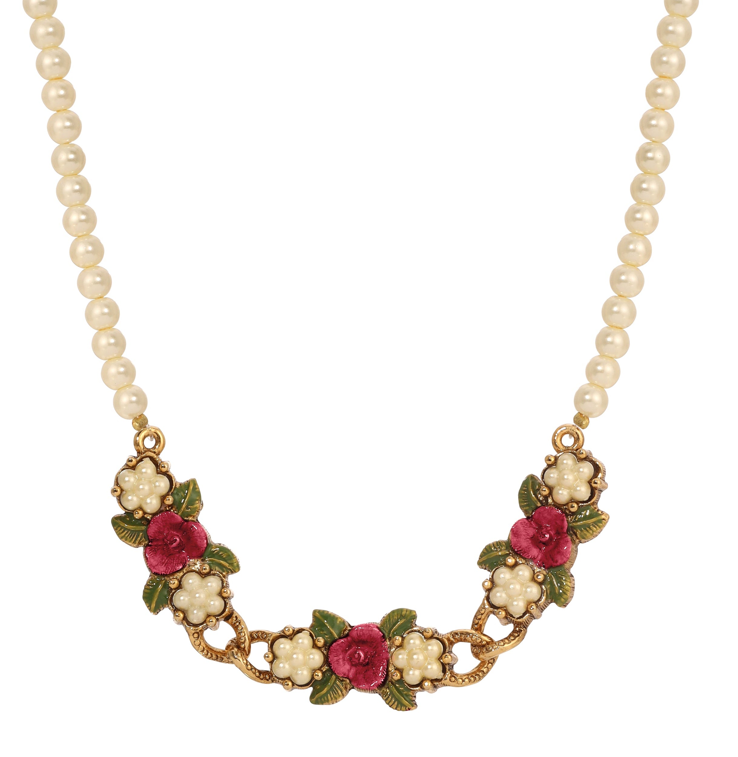 1928 Jewelry Pearly Eden Rose Enamel Faux Pearl Strand Necklace 17" + 3" Extender