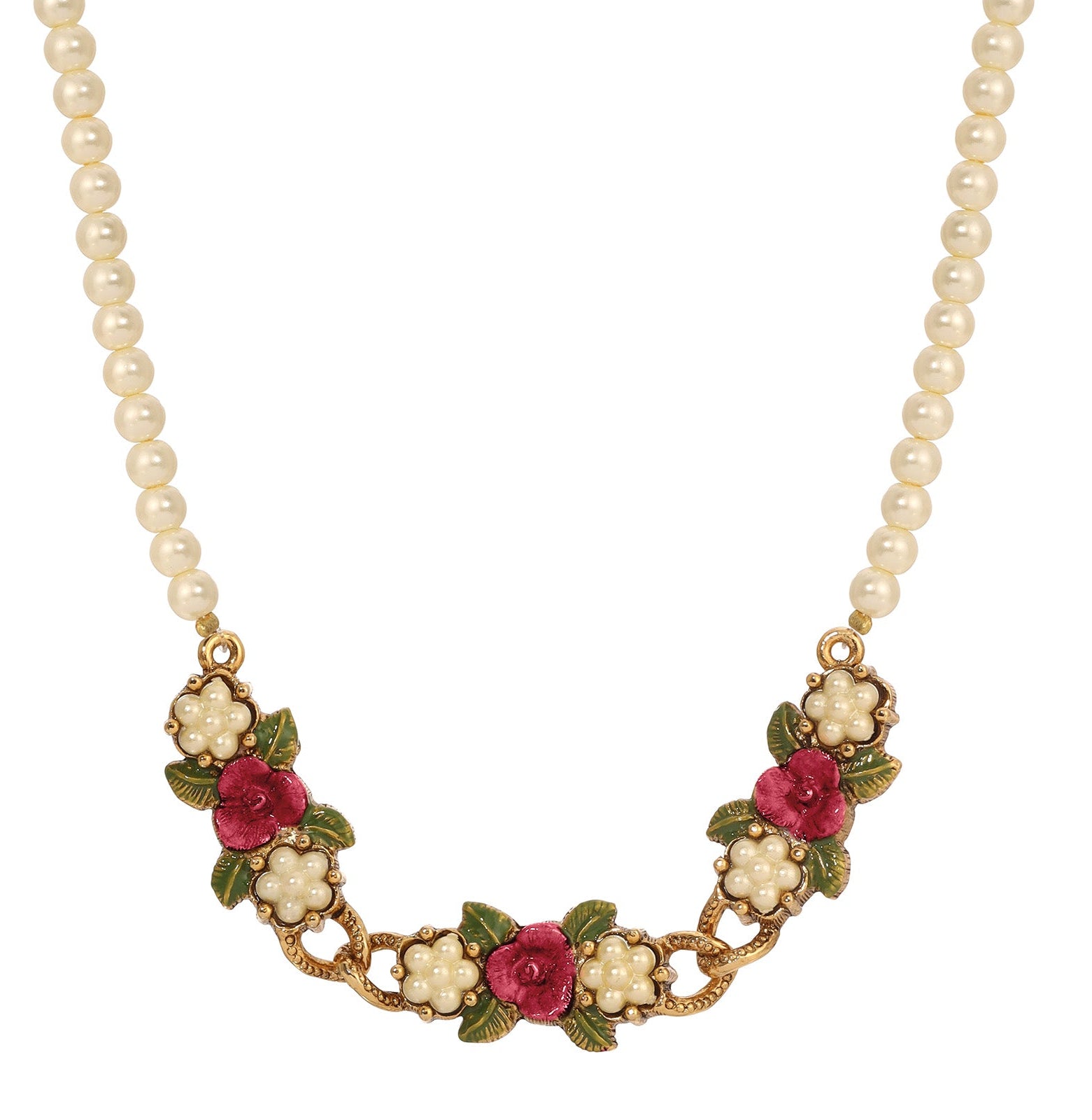 1928 Jewelry Pearly Eden Rose Enamel Faux Pearl Strand Necklace 17" + 3" Extender
