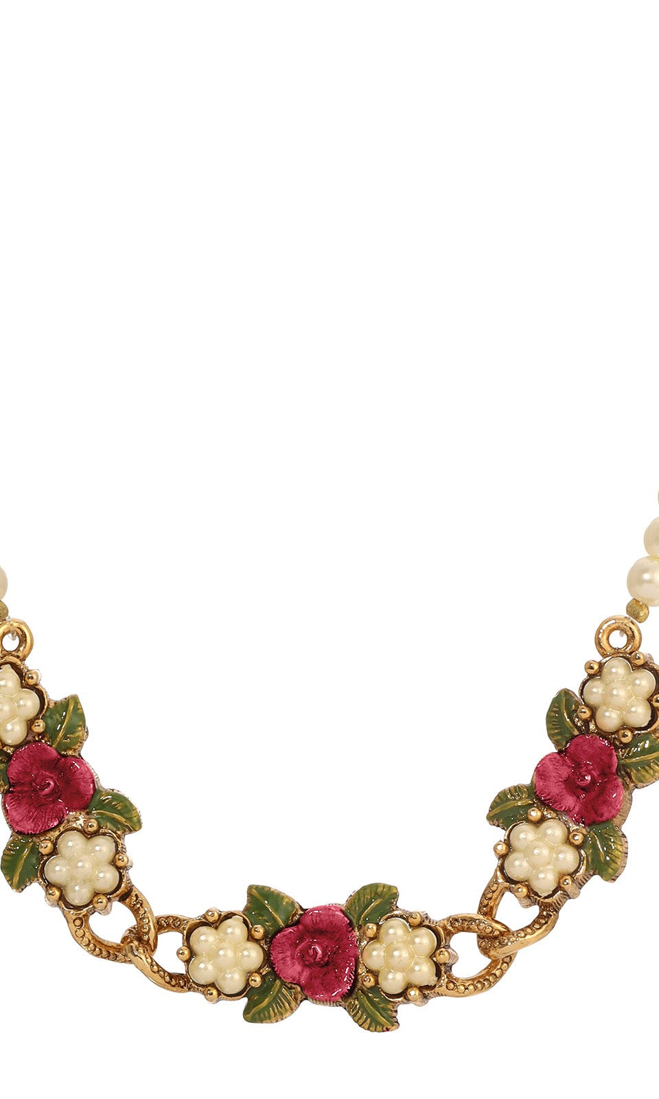 1928 Jewelry Pearly Eden Rose Enamel Faux Pearl Strand Necklace 17" + 3" Extender