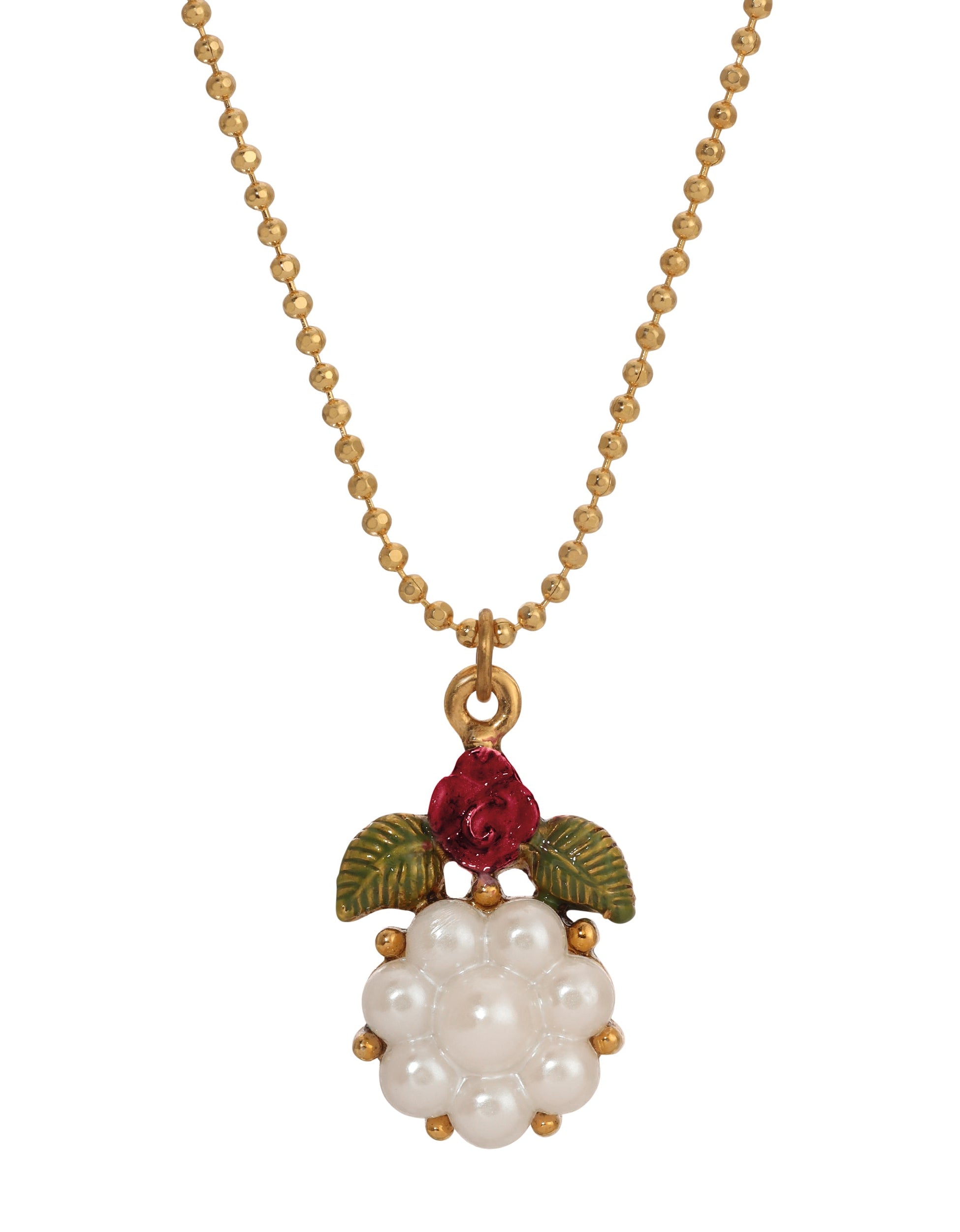 1928 Jewelry Pearly Eden Rose Enamel Faux Pearl Flower Pendant Necklace 16"