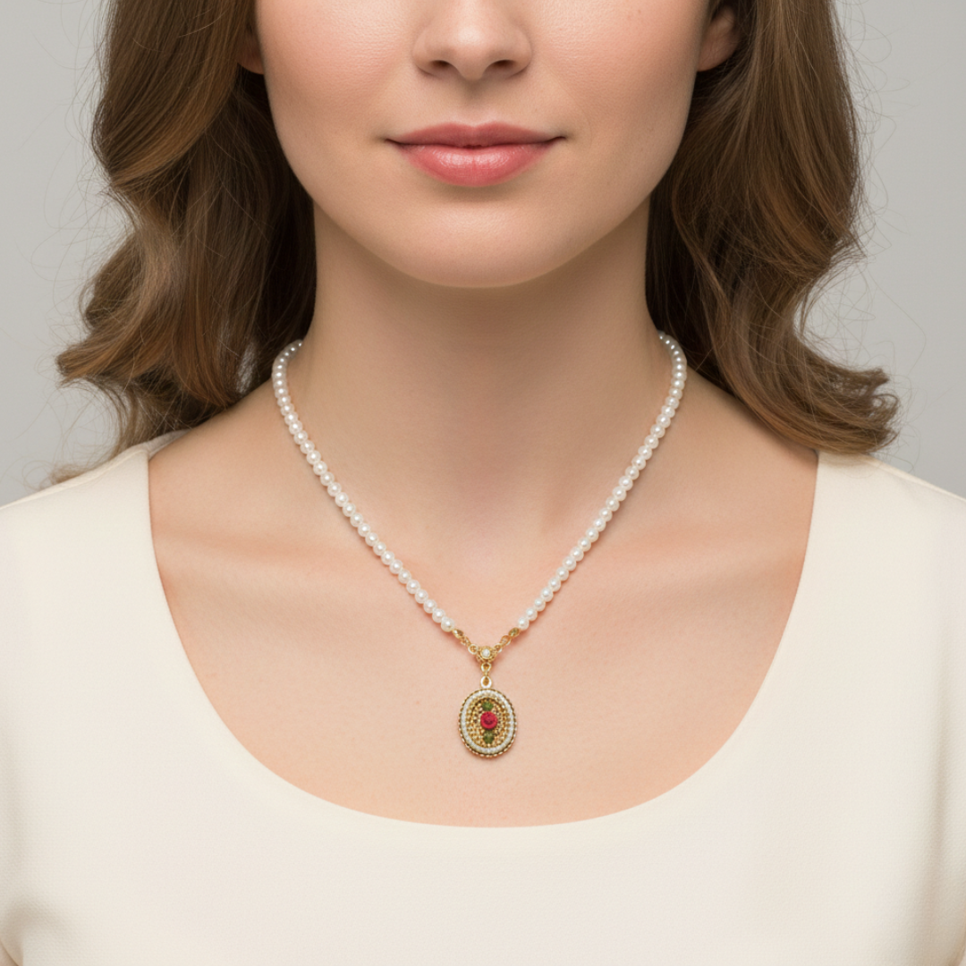 Woman wearing a pearl necklace with a gold pendant against a neutral background