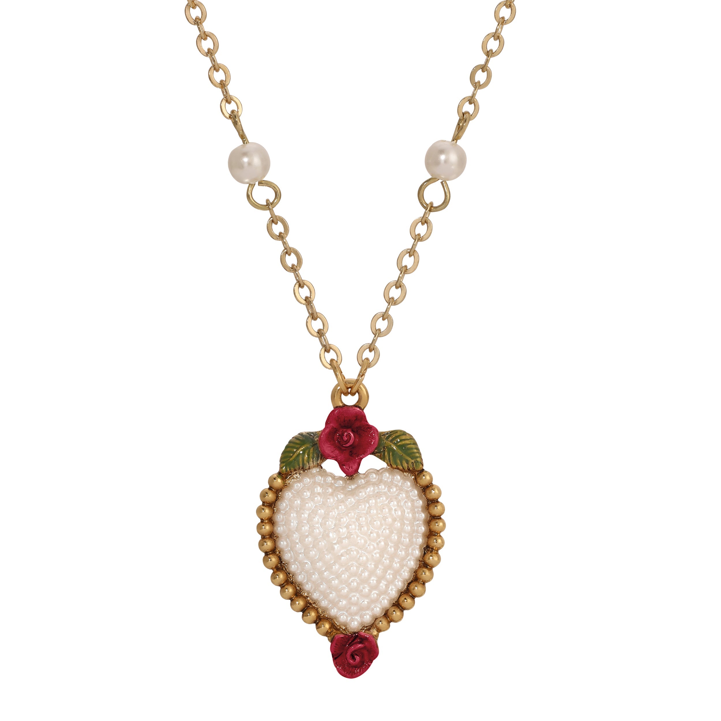 1928 Jewelry Pearly Eden Rose Enamel Faux Pearl Heart Pendant Necklace 16" + 3" Extender