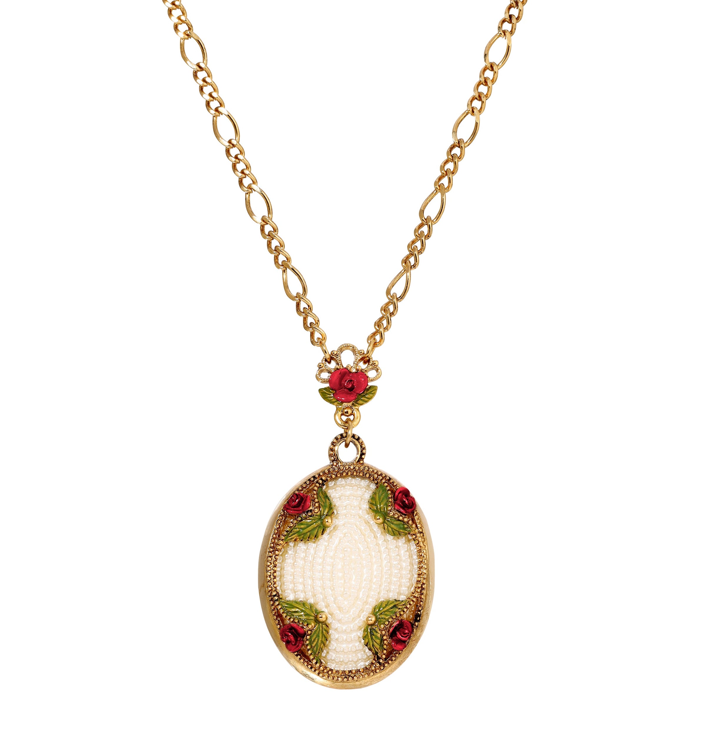 1928 Jewelry Pearly Eden Rose Enamel Faux Pearl Embossed Pendant Figaro Chain Necklace 30"L