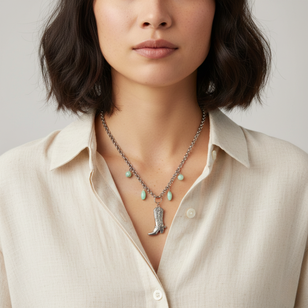 Necklace with cowboy boot pendant and turquoise stones worn by a person in a beige shirt.