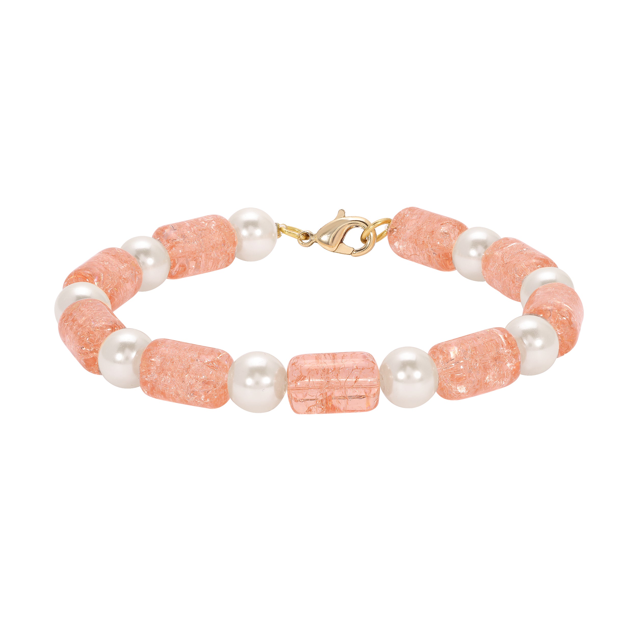 Peach Cracked Glass & White Faux Pearl Beaded Bracelet