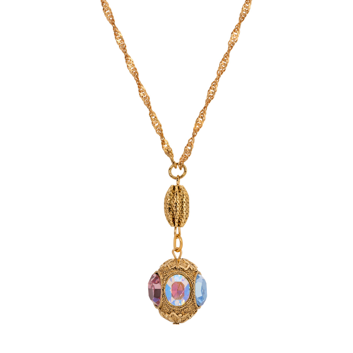 Gold necklace with a multicolor pendant on a white background.