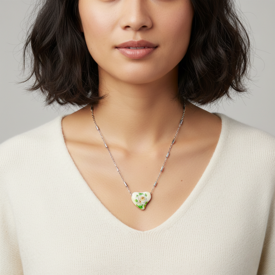 Woman wearing a necklace with a heart-shaped pendant against a neutral background