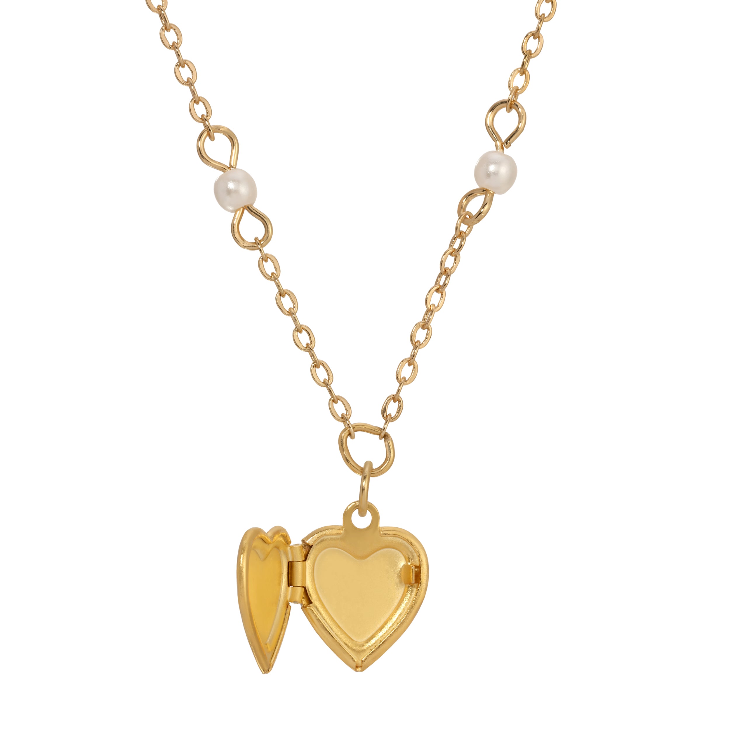 Opened Gold & Faux Pearl Small Engraved Heart Locket Necklace 16"