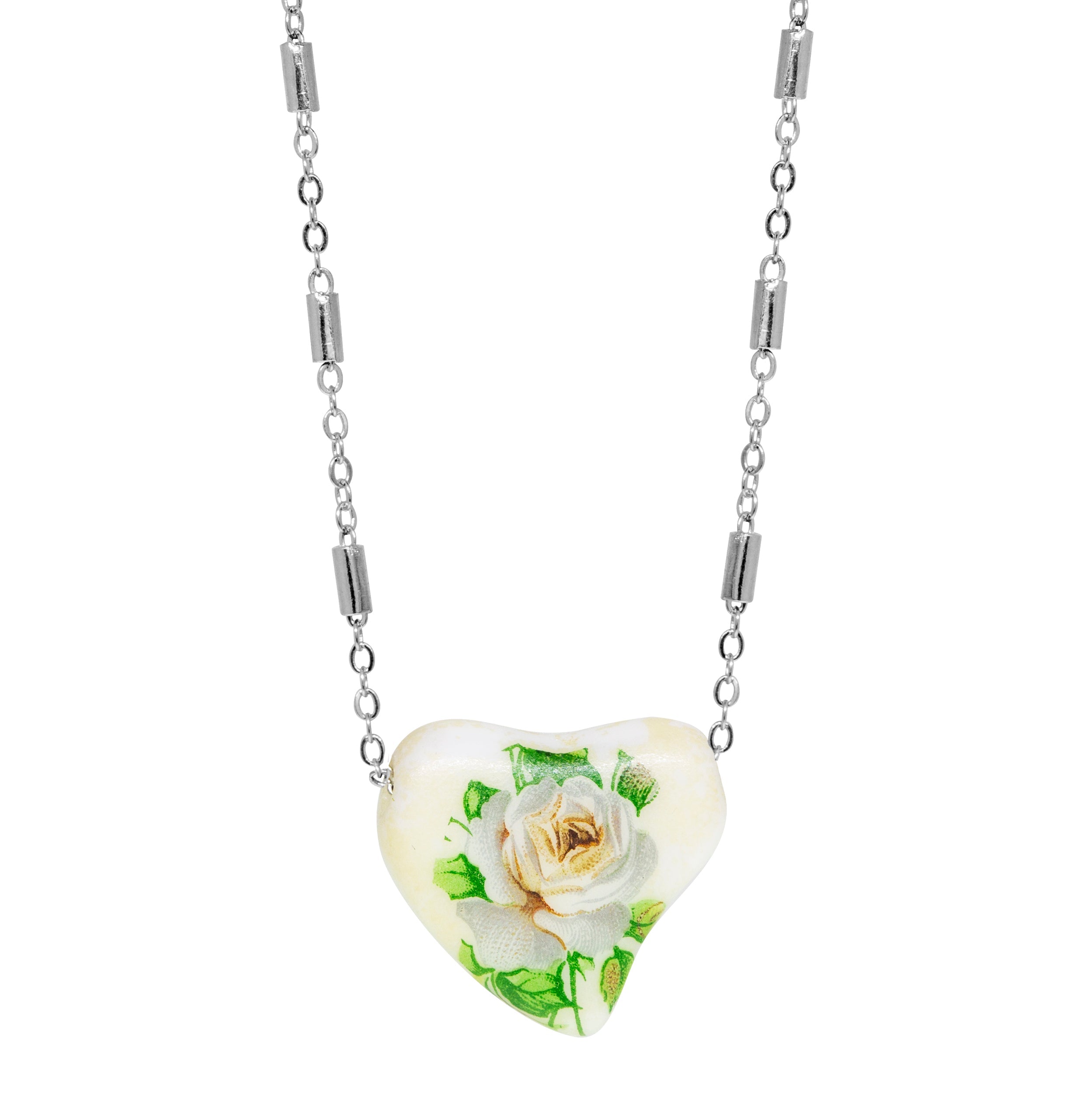 1928 Jewelry 85' Porcelain Heart & Rose Pendant Necklace 15" + 3" Extension