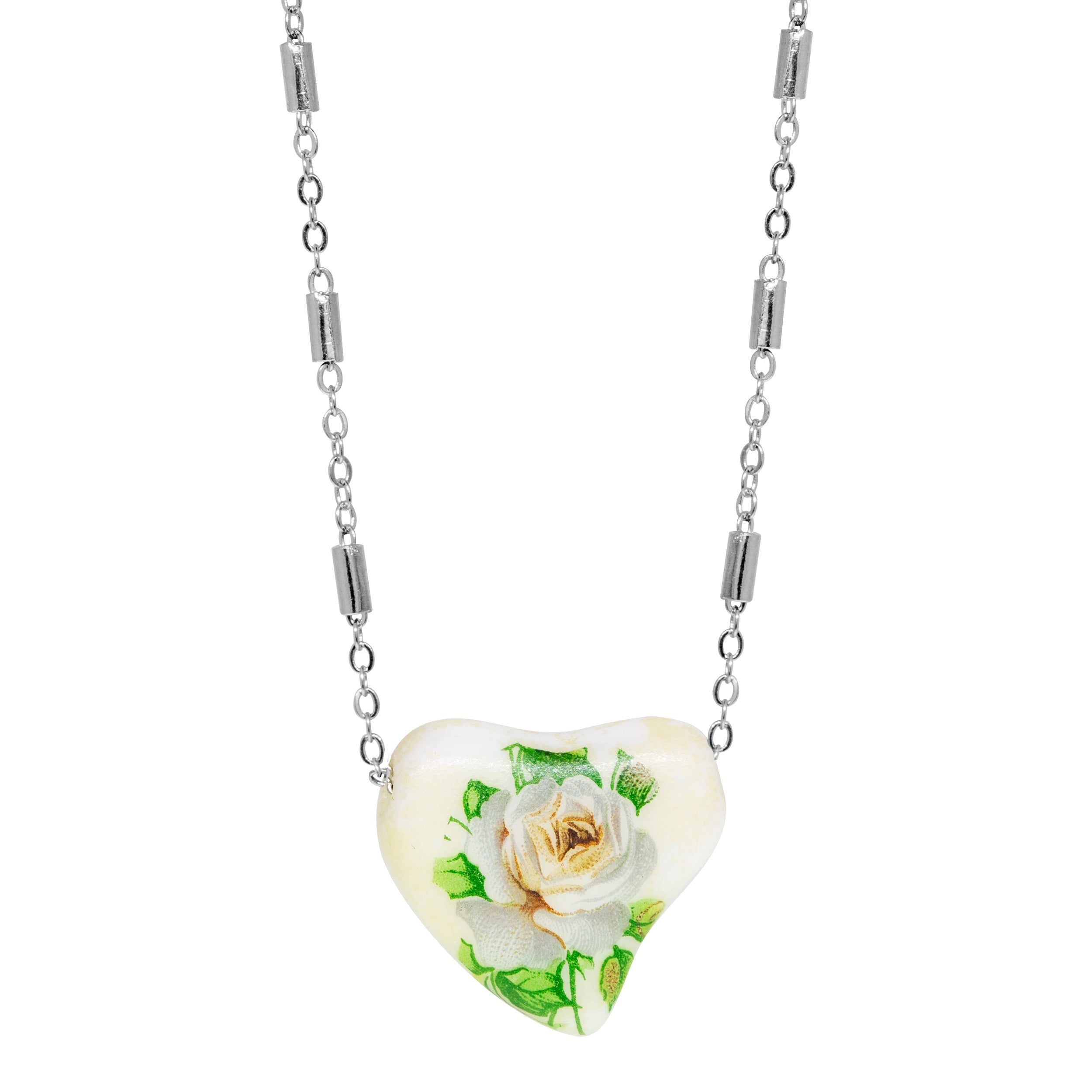 1928 Jewelry 85' Porcelain Heart & Rose Pendant Necklace 15" + 3" Extension